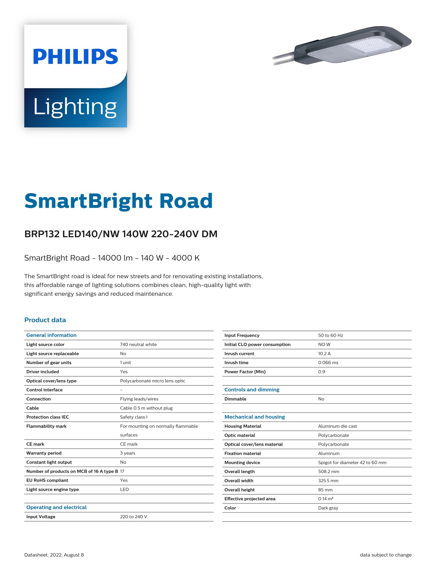 PHILIPS SmartBright Road BRP132 LED140/NW 140W 220-240V DM 911401635004