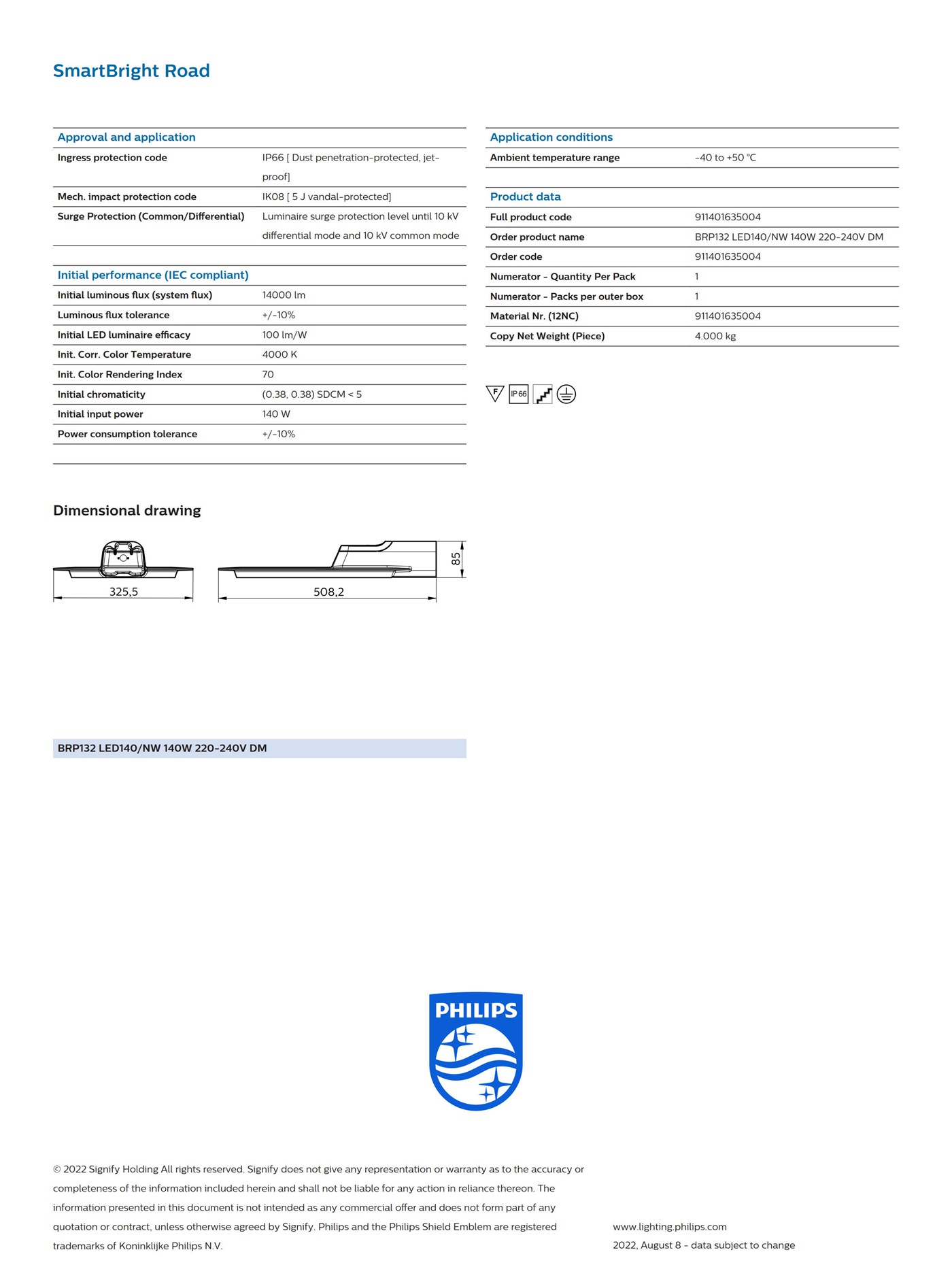 PHILIPS SmartBright Road BRP132 LED140/NW 140W 220-240V DM 911401635004