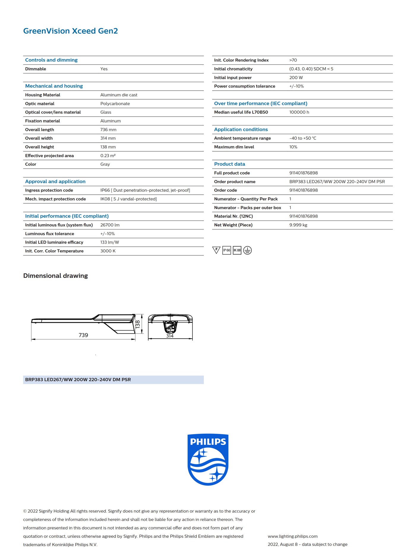 PHILIPS GreenVision Xceed Gen2 BRP383 LED267/WW 200W 220-240V DM PSR 911401876898