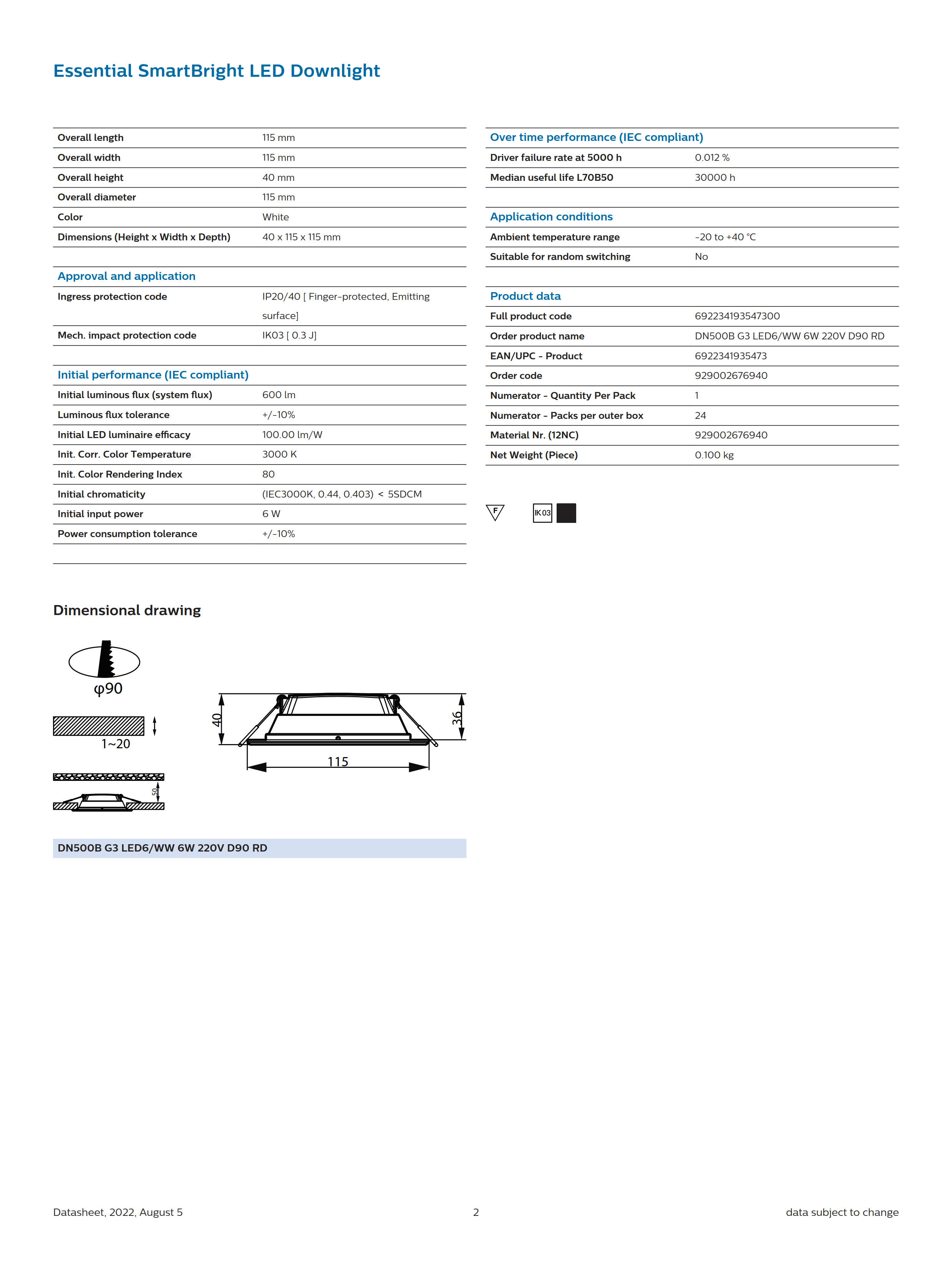 PHILIPS LED downlight DN500B G3 LED6/WW 6W 220V D90 RD 929002676940