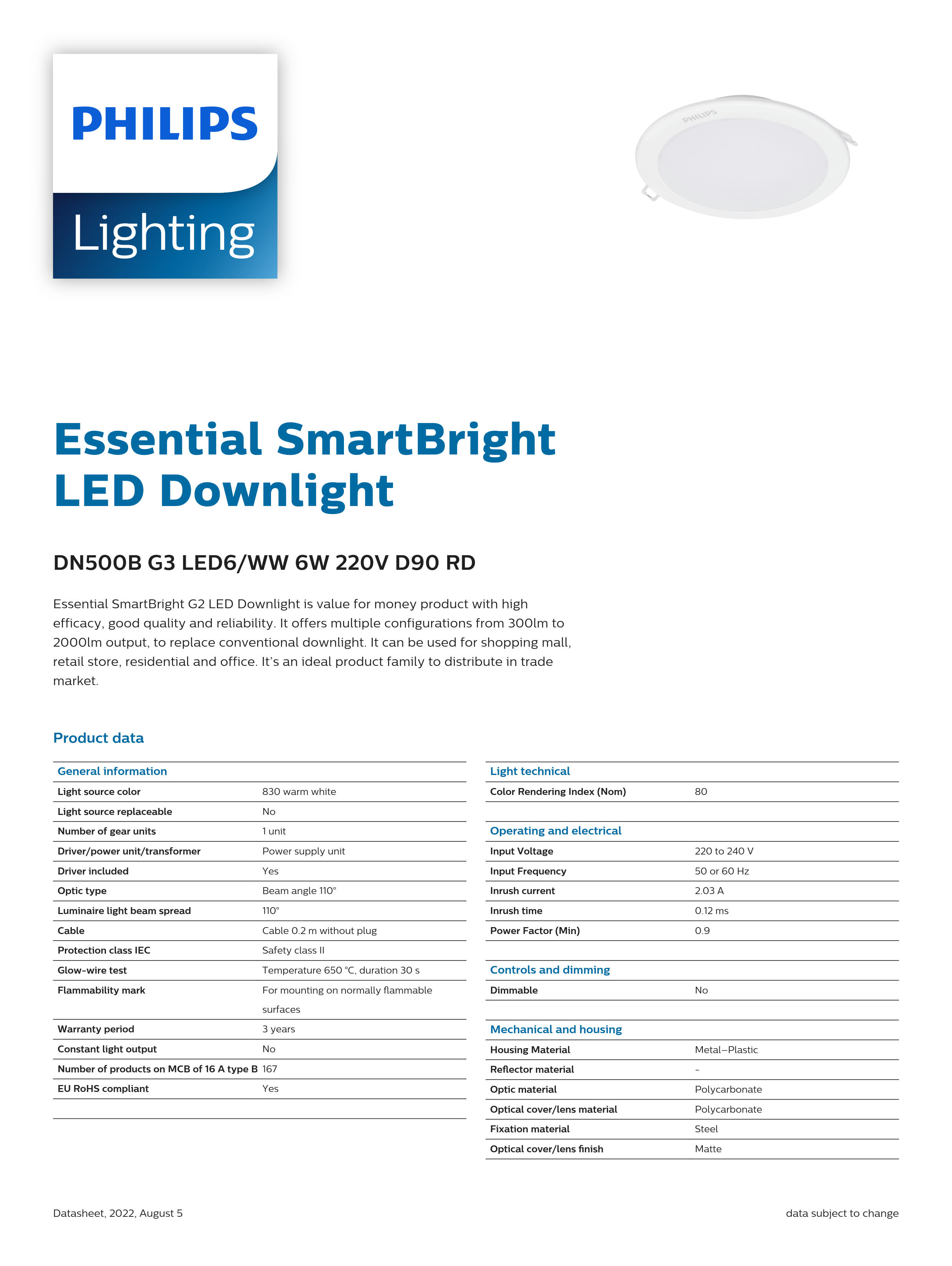 PHILIPS LED downlight DN500B G3 LED6/WW 6W 220V D90 RD 929002676940