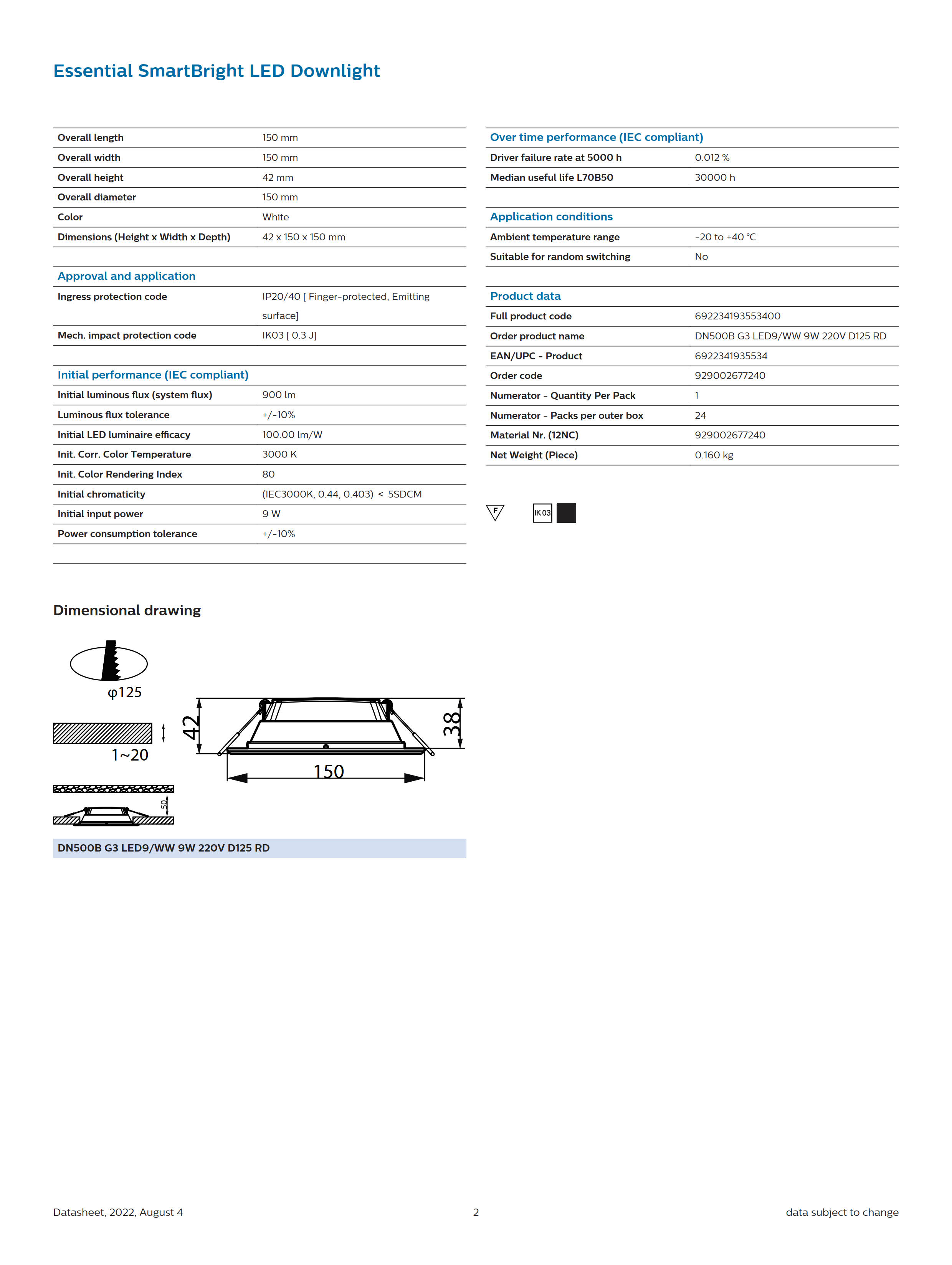 PHILIPS LED downlight DN500B G3 LED9/WW 9W 220V D125 RD 929002677240