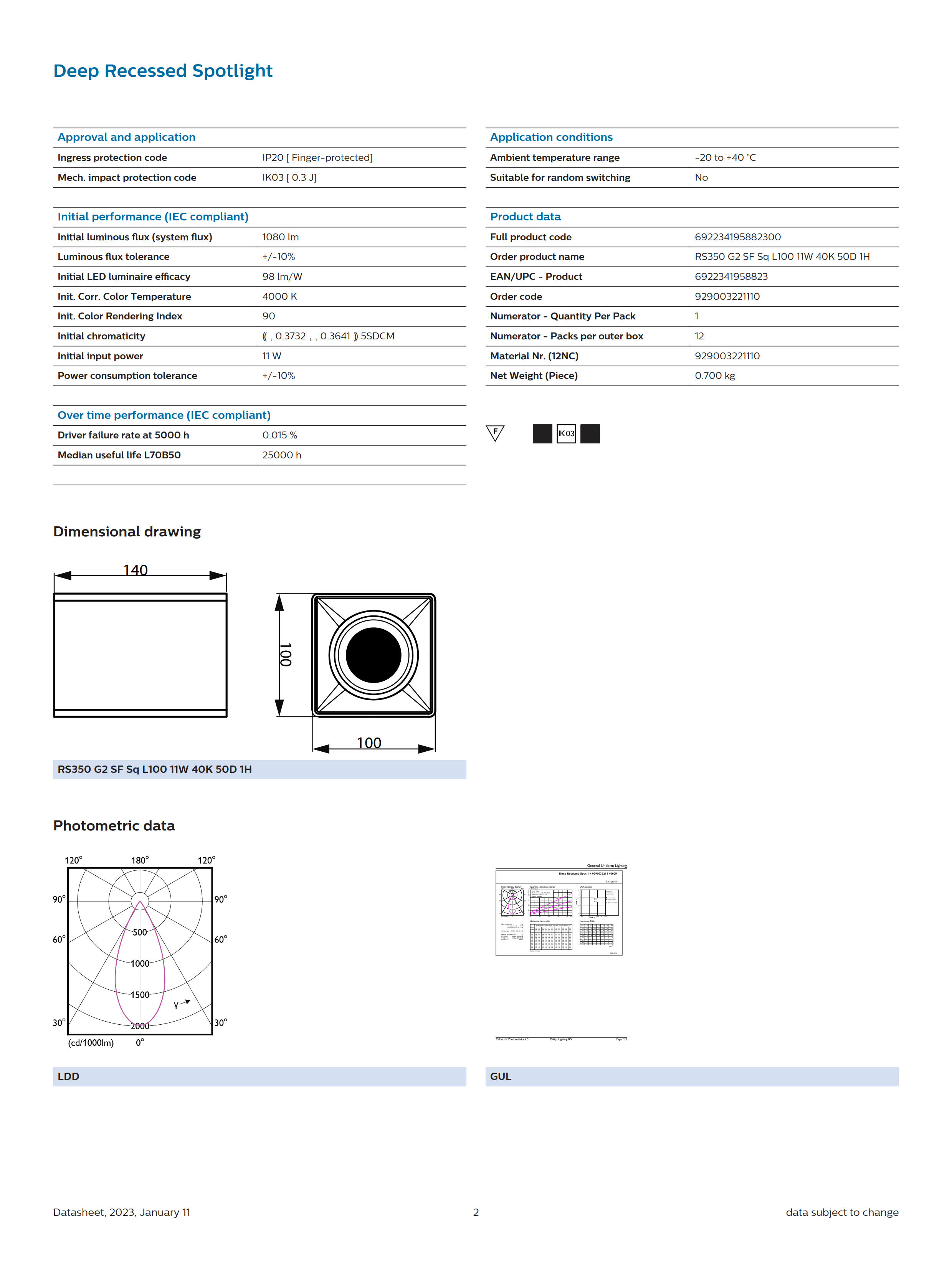 PHILIPS LED Spotlight Surface Mount RS350 G2 SF Sq L100 11W 40K 50D 1H 929003221110