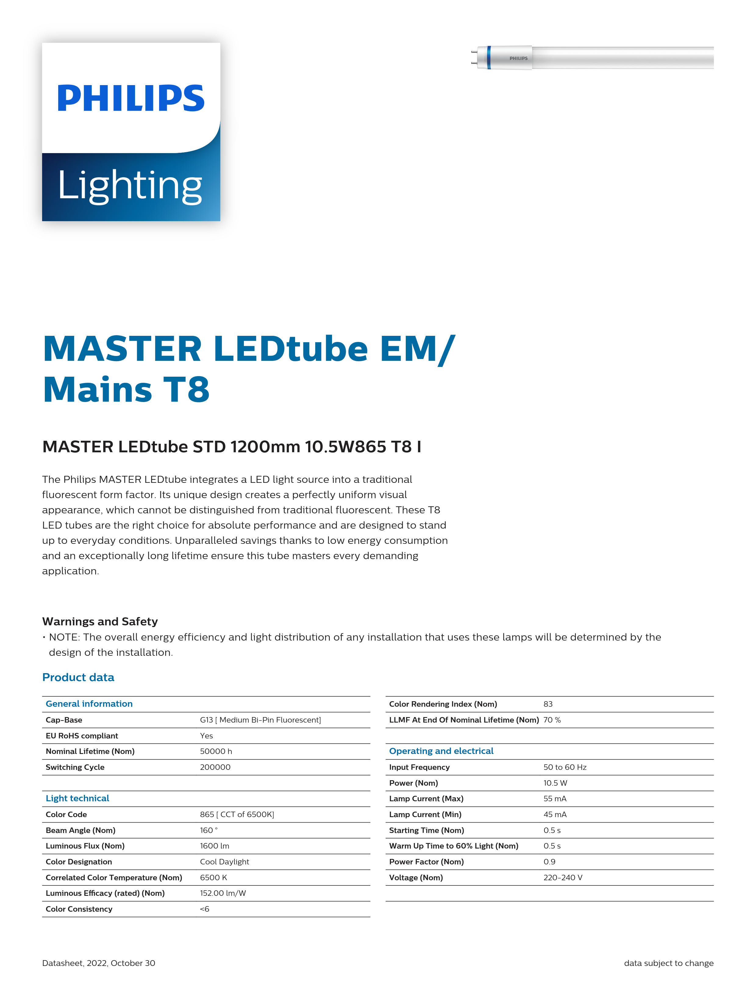 PHILIPS MASTER LEDtube STD 1200mm 10.5W865 T8 929001297708