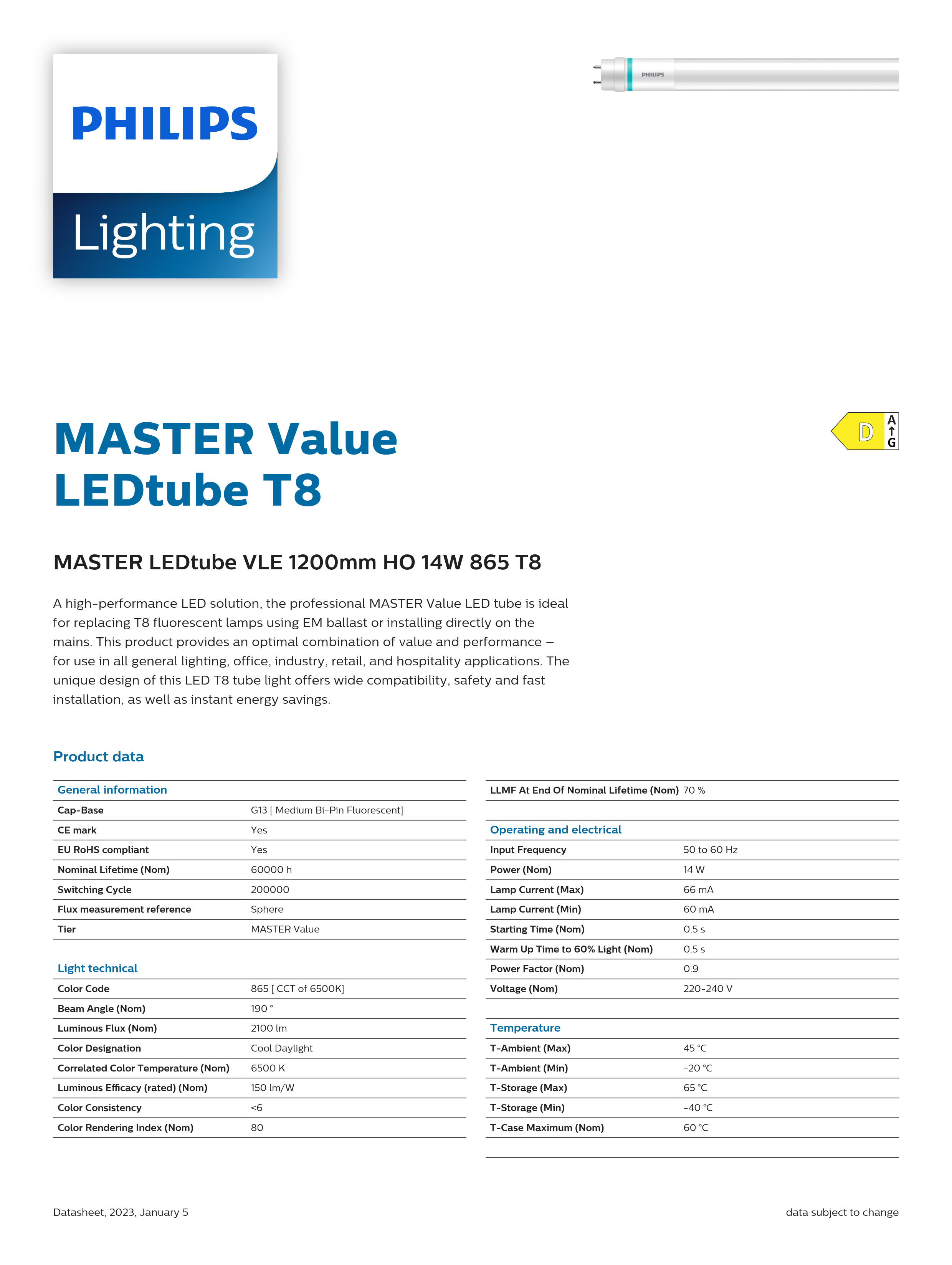 PHILIPS MASTER LEDtube VLE 1200mm HO 14W 865 T8 929002021602