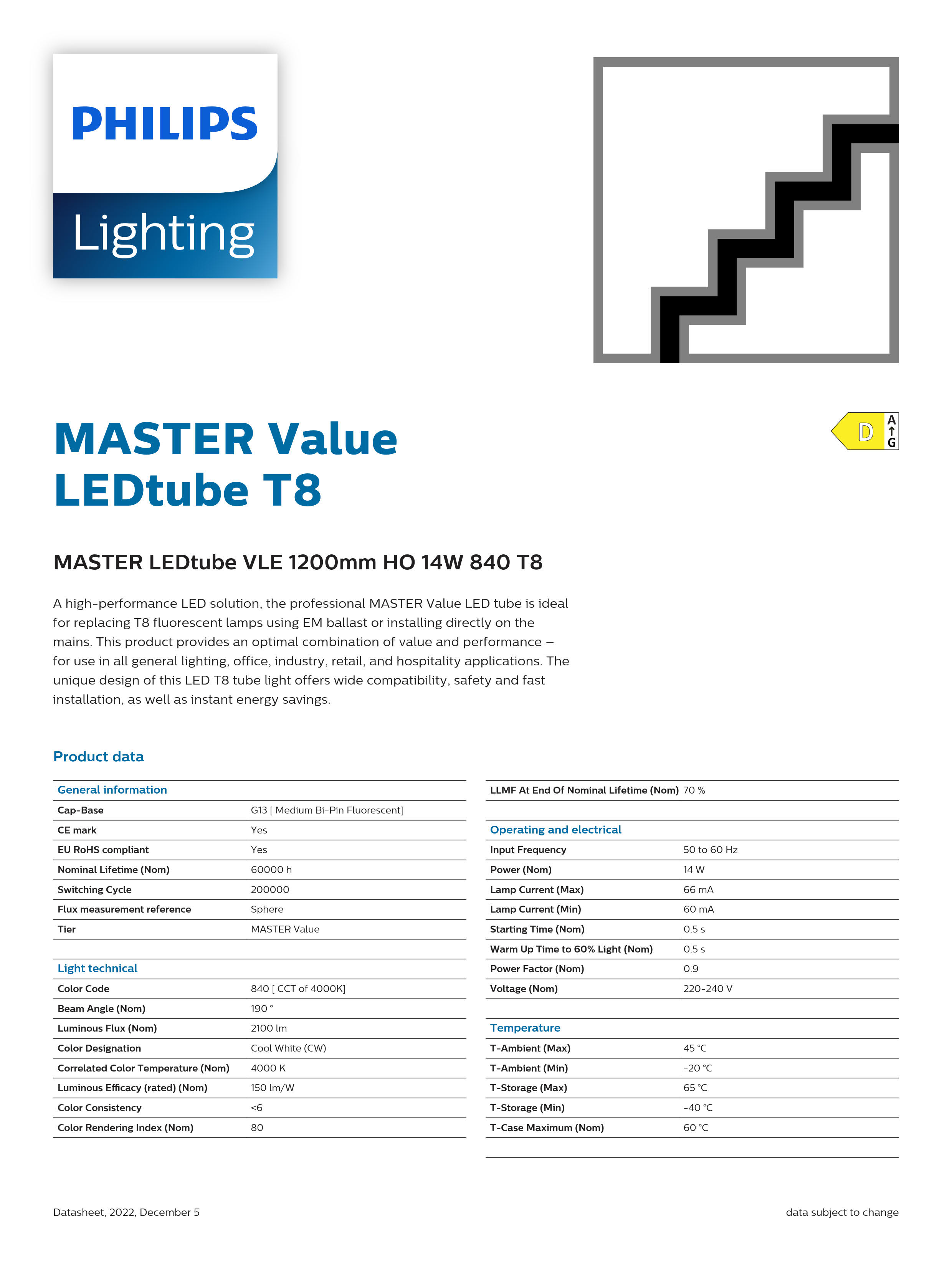 PHILIPS MASTER LEDtube VLE 1200mm HO 14W 840 T8 929002021502