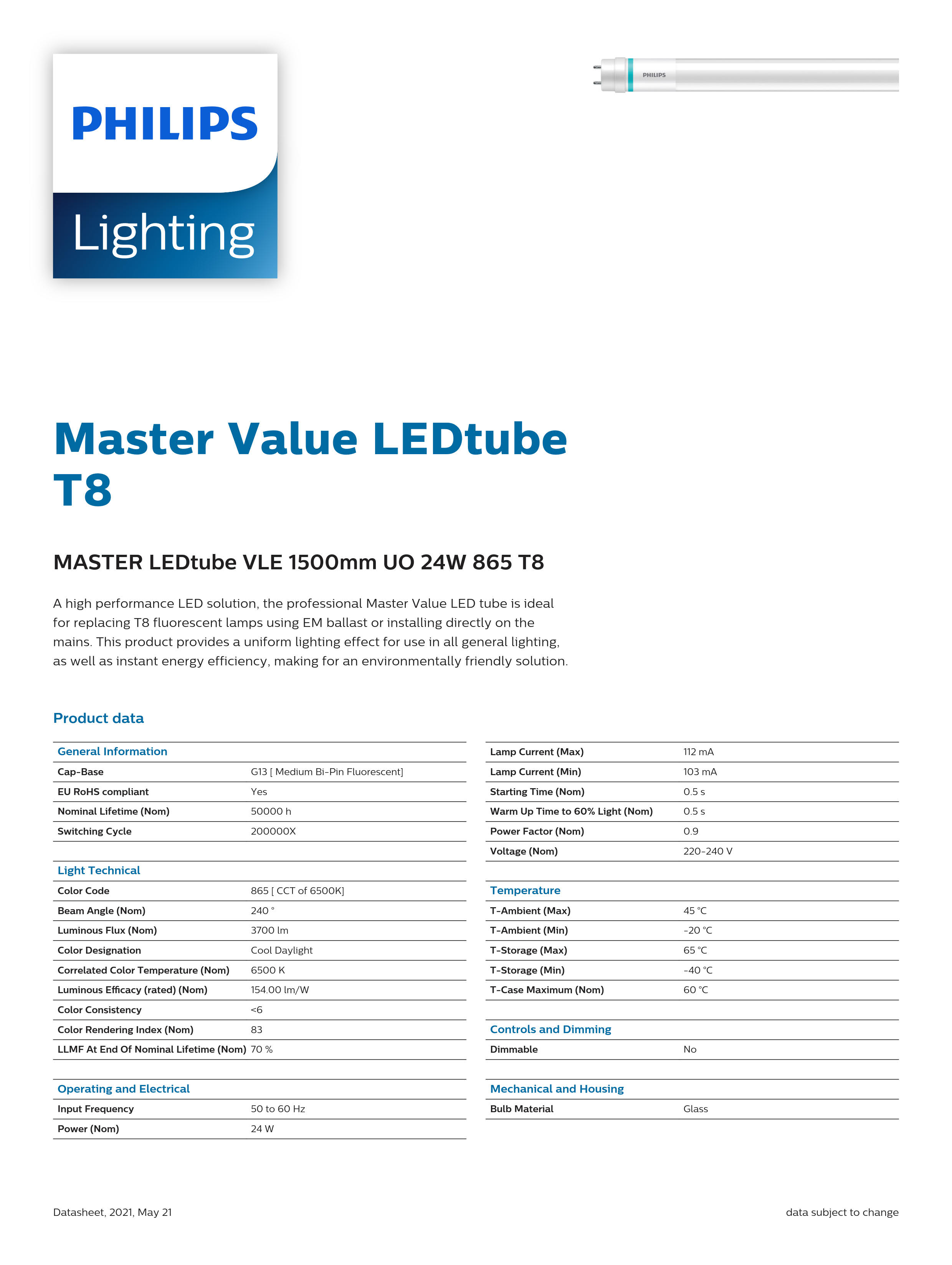 PHILIPS MASTER LEDtube VLE 1500mm UO 24W 865 T8 929002022502