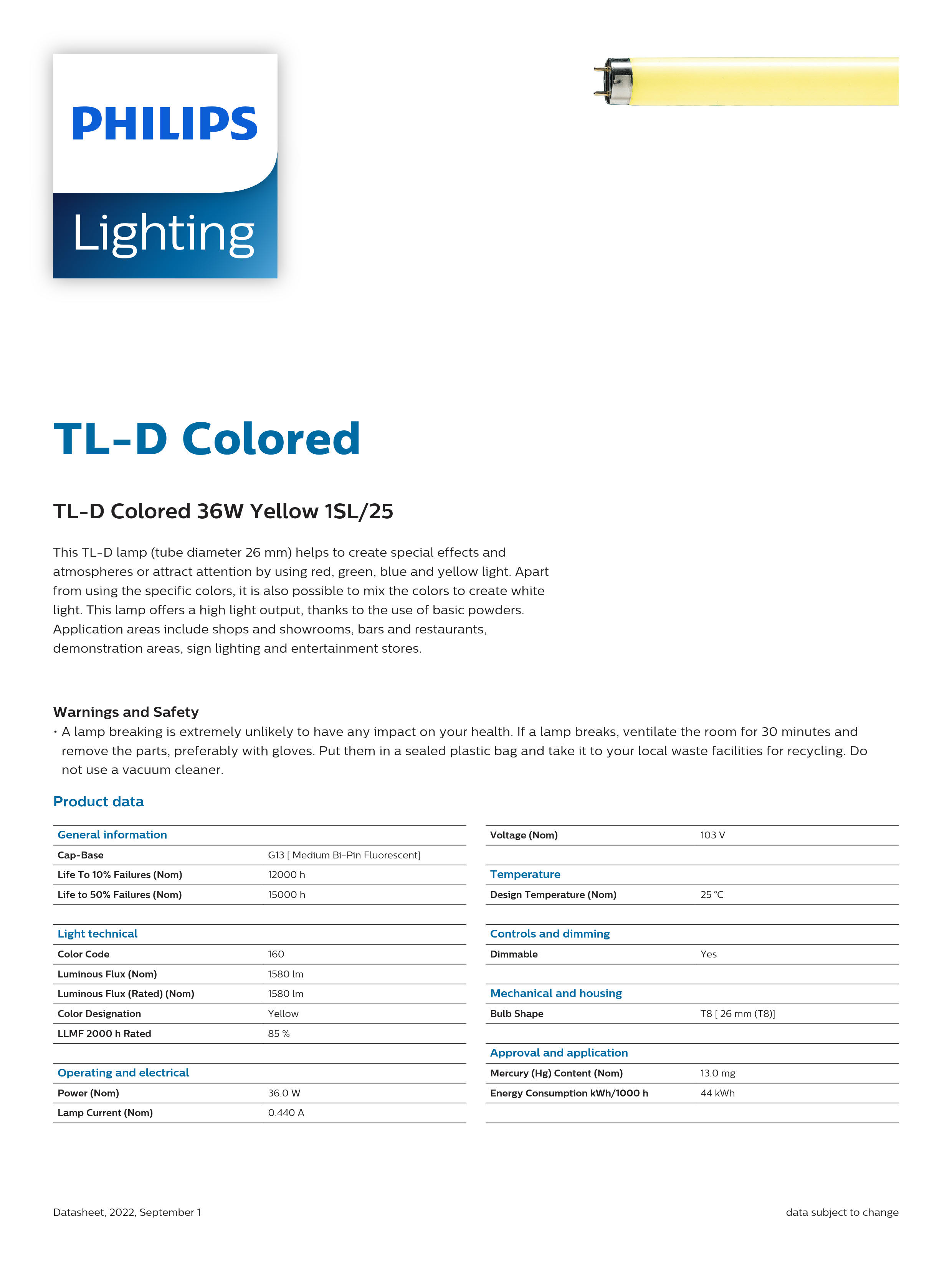 PHILIPS Tube TL-D Colored 18W Yellow 1SL/25 928048001605