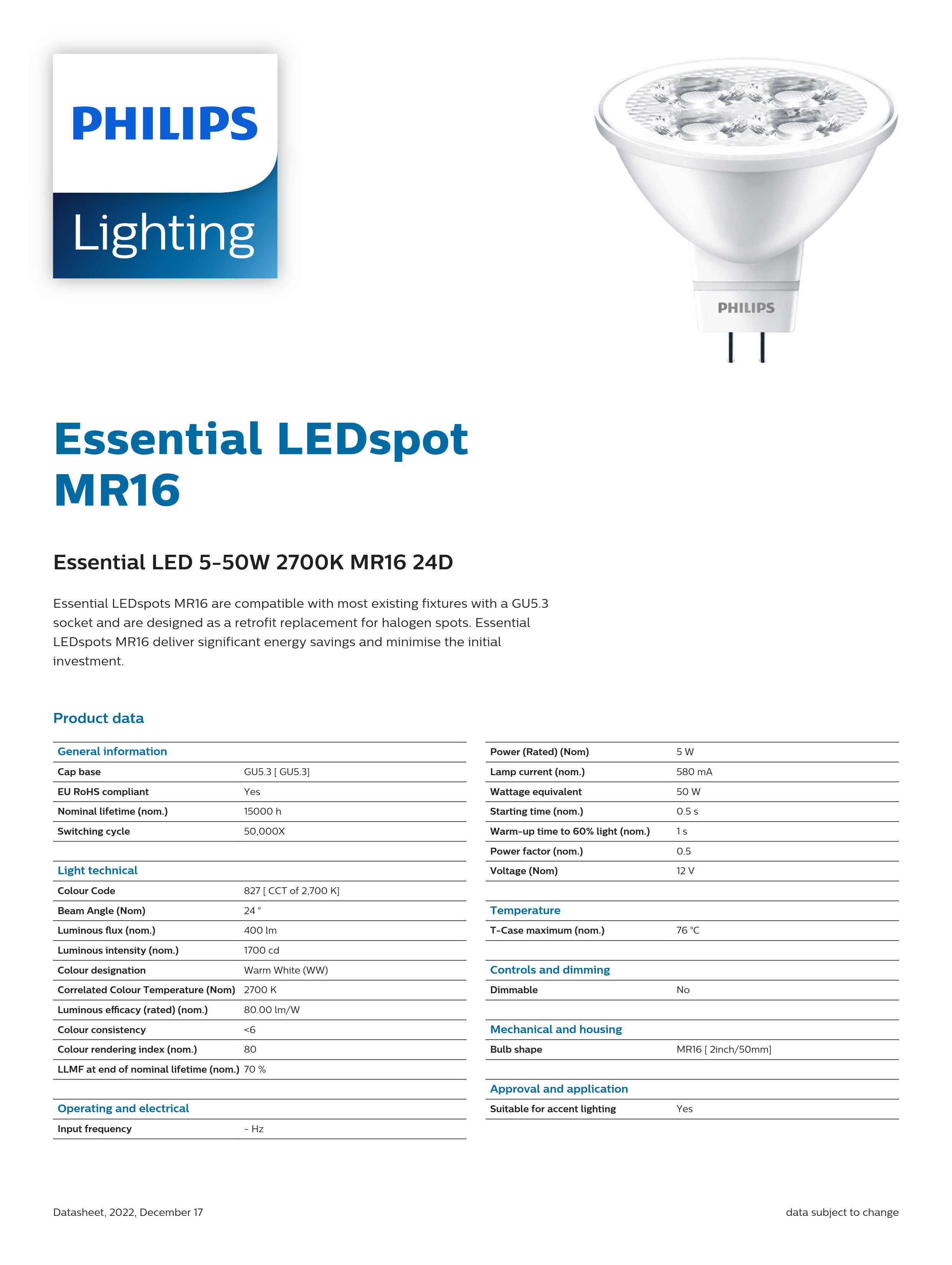 PHILIPS CorePro LED spot LV MR16 5-50W 2700K 24D 929001240108