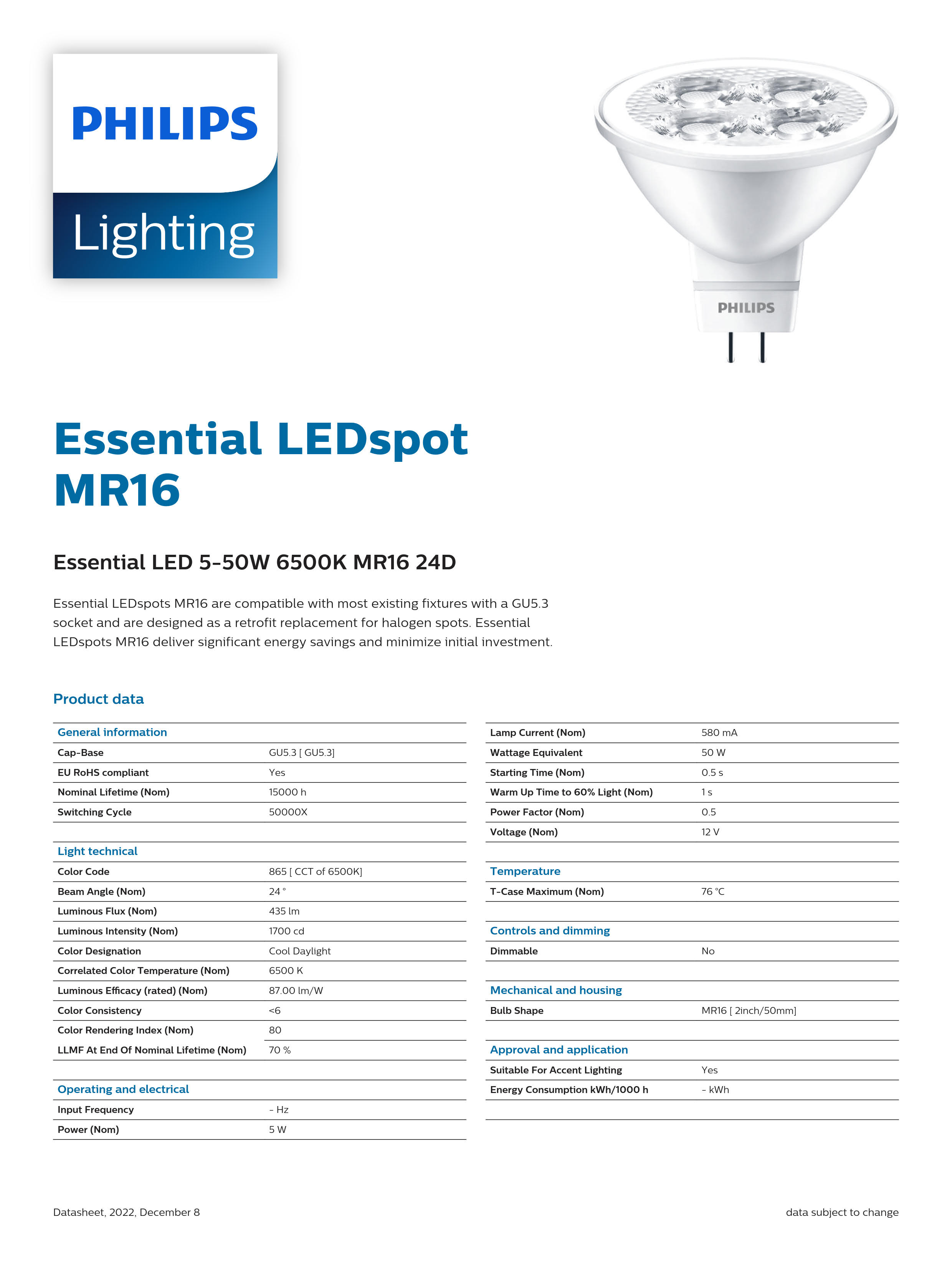 PHILIPS CorePro LED spot LV MR165-50W 6500K 24D 929001240208