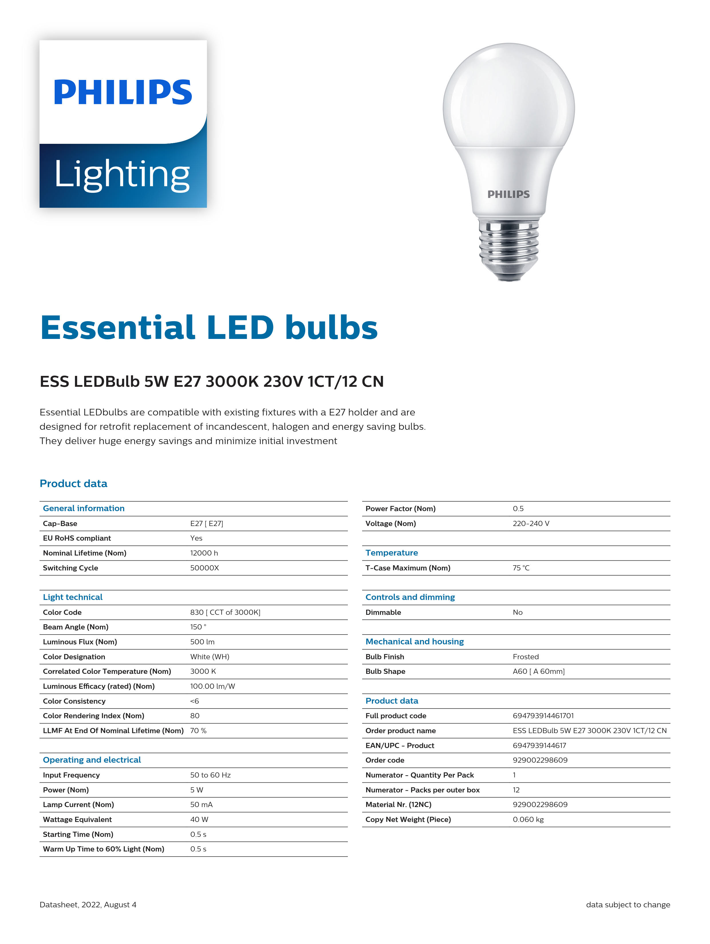 PHILIPS Essential LED bulbs 5W E27 3000K 230V 1CT/12 CN 929002298609