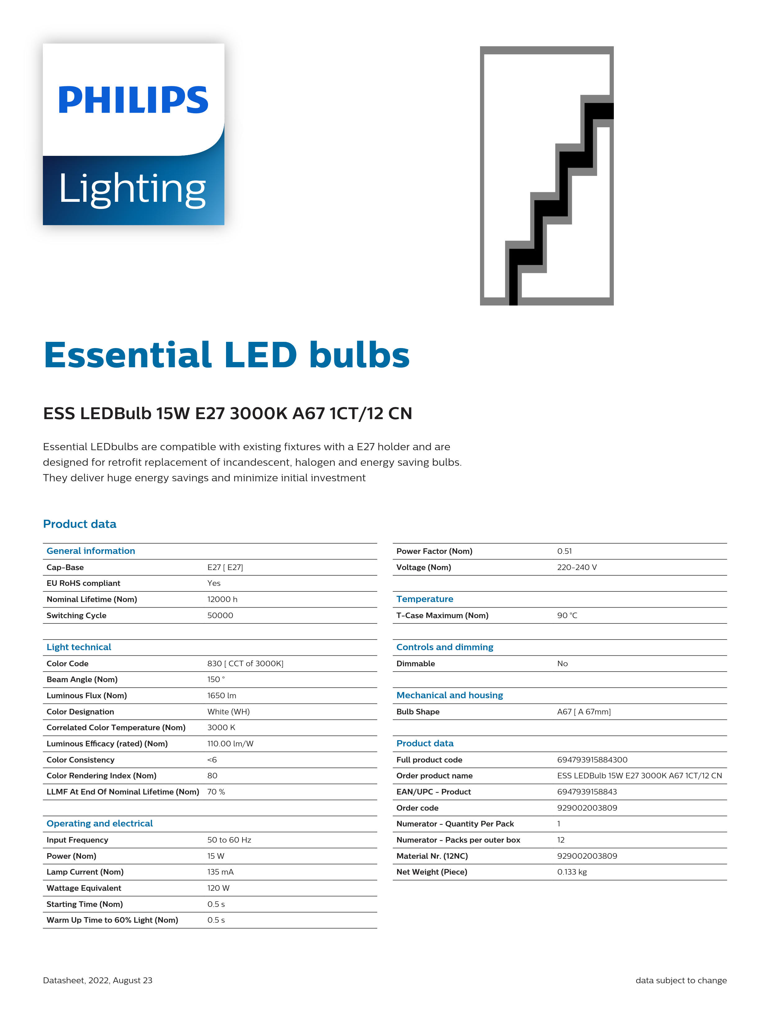 PHILIPS Essential LED bulbs 15W E27 3000K 230V 1CT/12 CN 929002003809