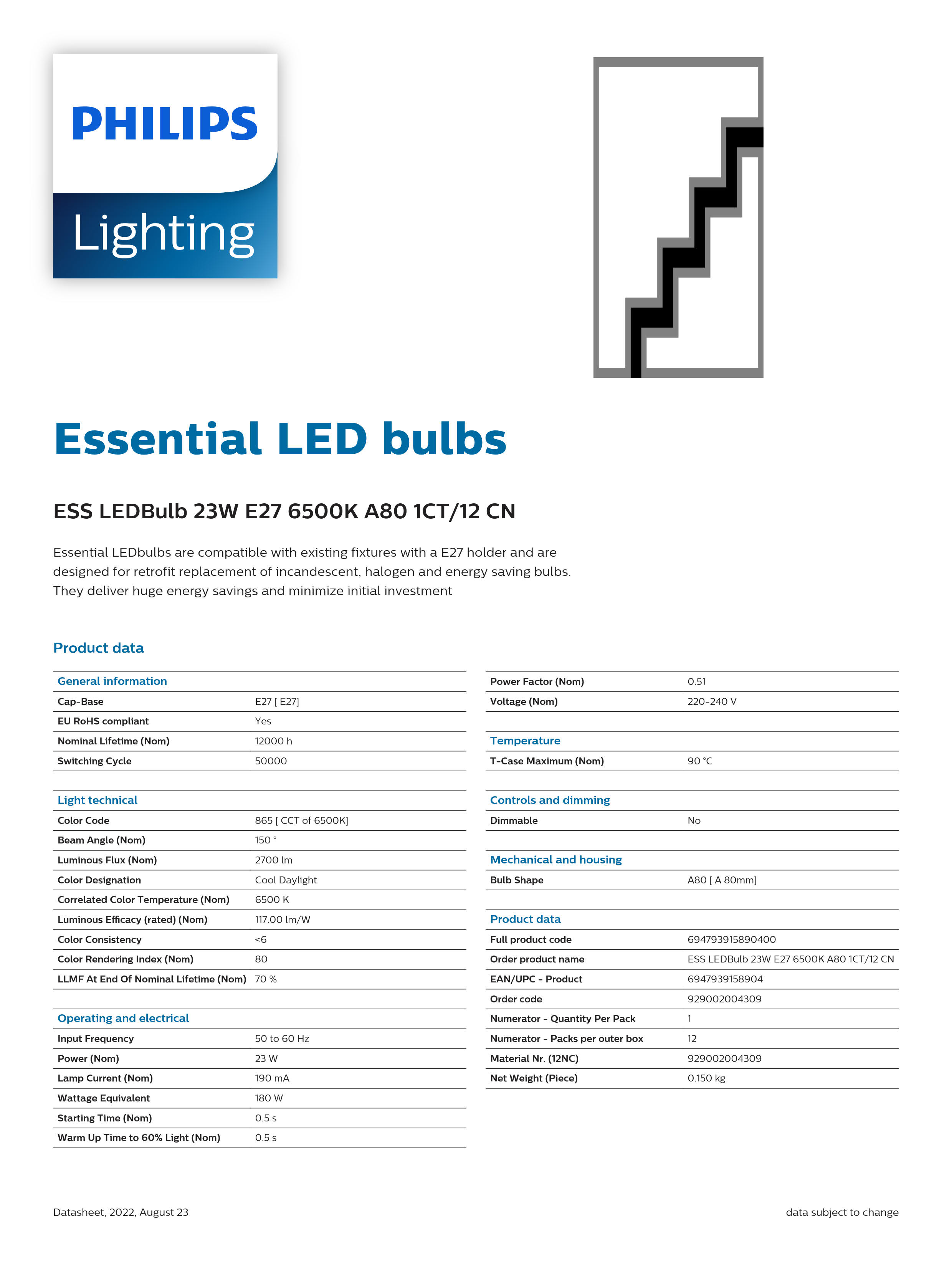 PHILIPS Essential LED bulbs 23W E27 6500K 230V 1CT/12 CN 929002004309