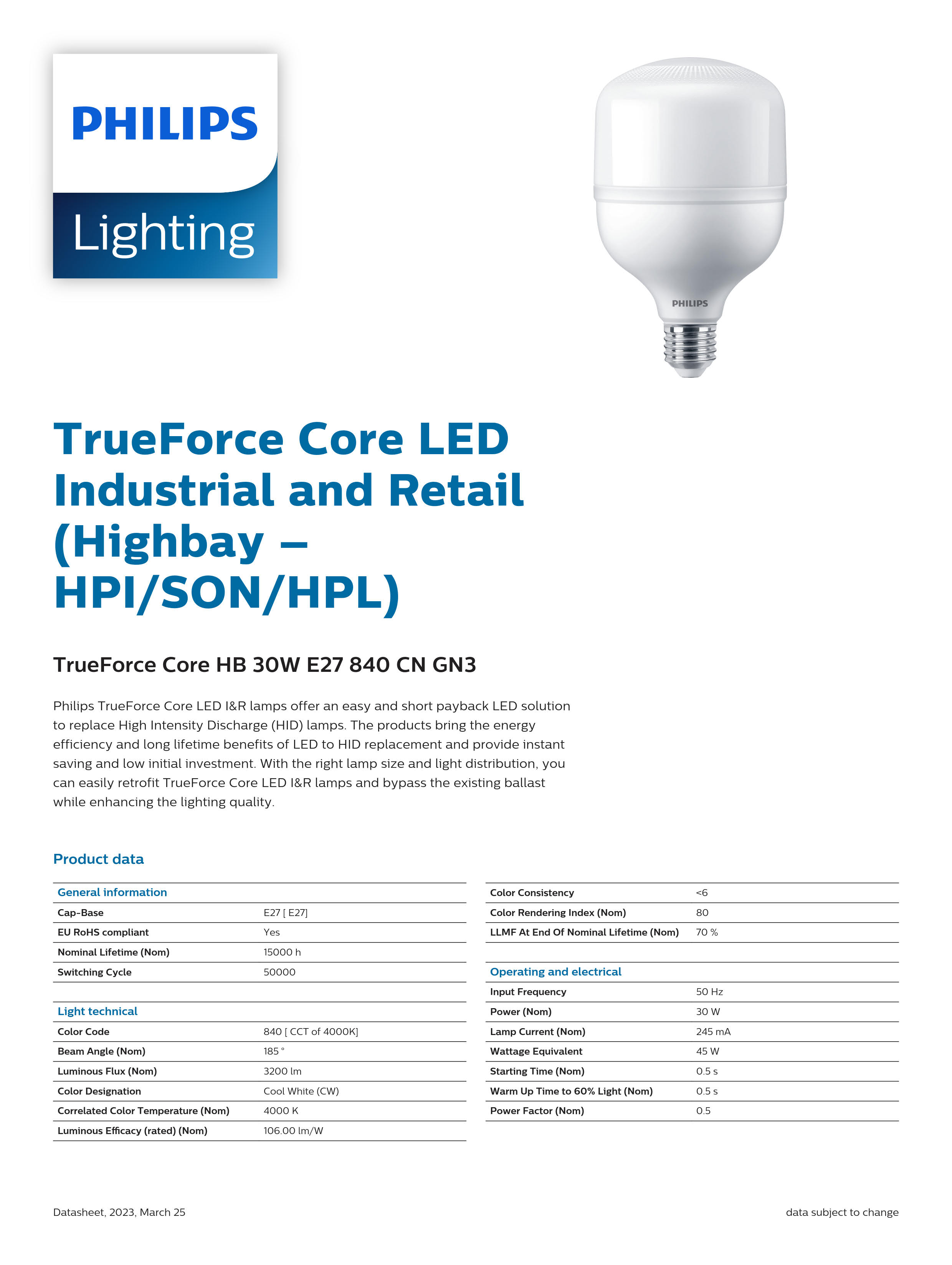 PHILIPS LED Bulb TrueForce Core HB 30W E27 840 CN GN3 929002410610