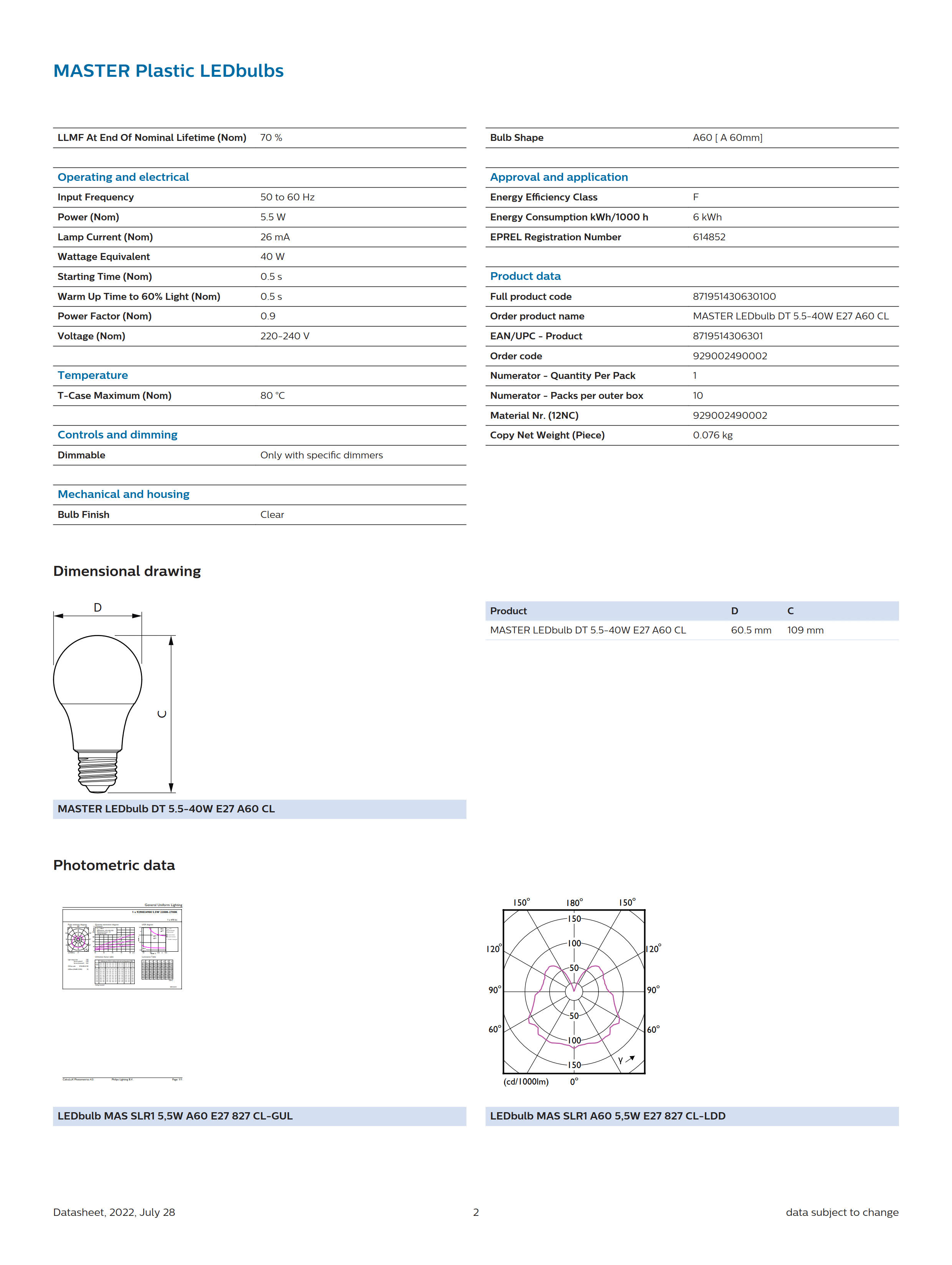 PHILIPS bulb MASTER Plastic LEDbulbs MASTER LEDbulb DT 5.5-40W E27 A60 CL 929002490002