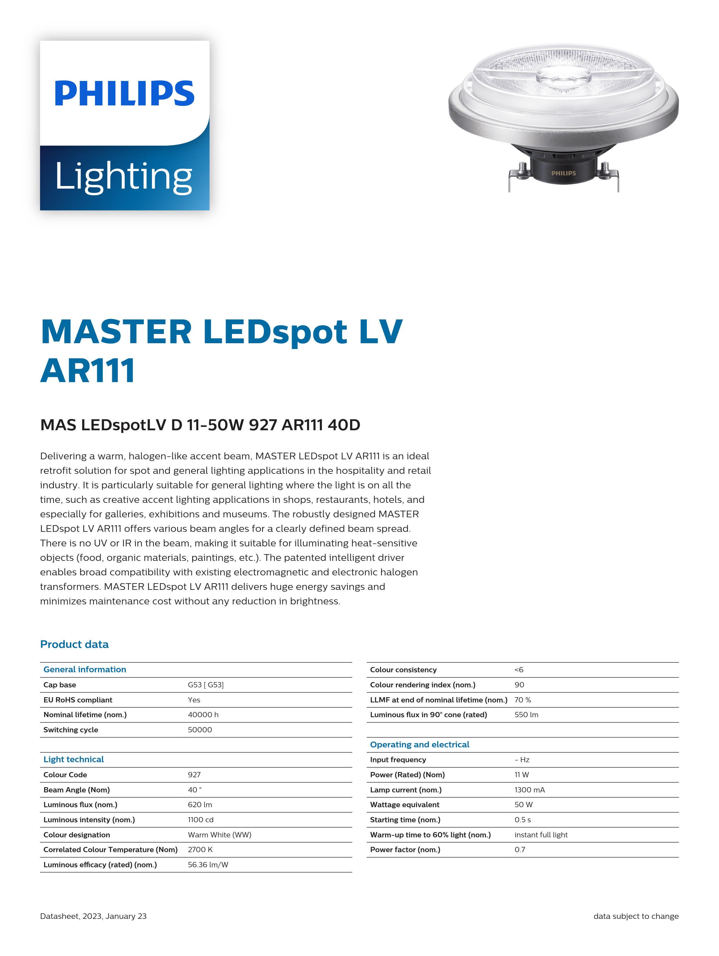 PHILIPS MAS LEDSpotLV D 11-50W 927 AR111 40D 929001170008