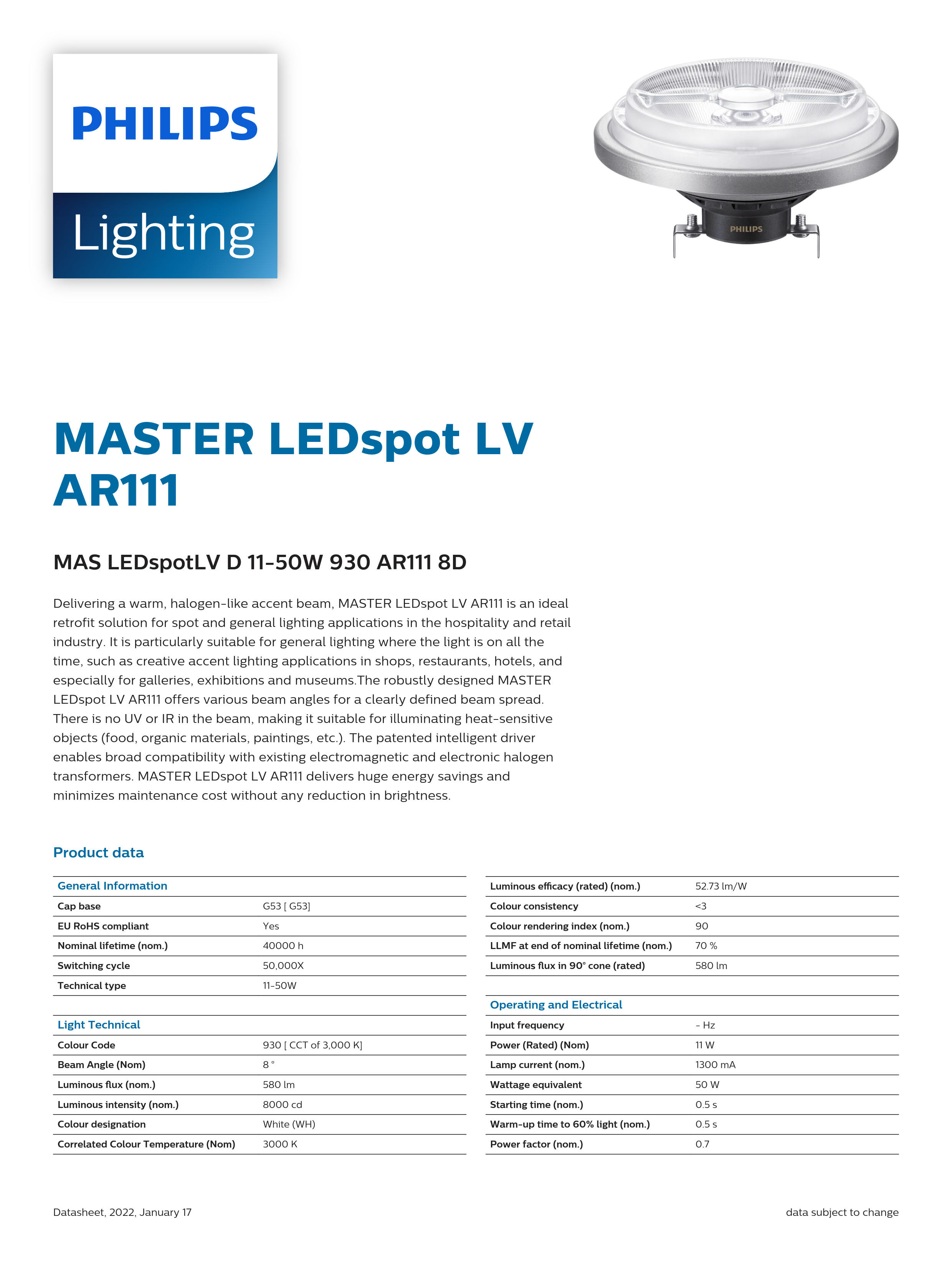 PHILIPS MAS LEDspotLV D 11-50W 930 AR111 8D 929001244002