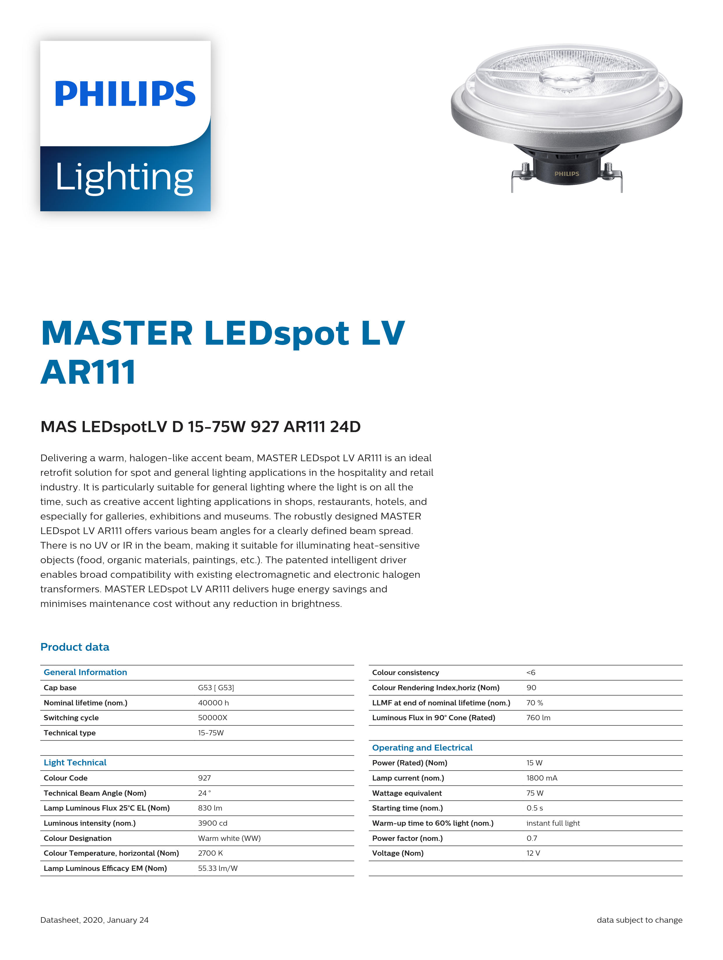 PHILIPS MAS LEDSpotLV D 15-75W 927 AR111 24D 929001170208