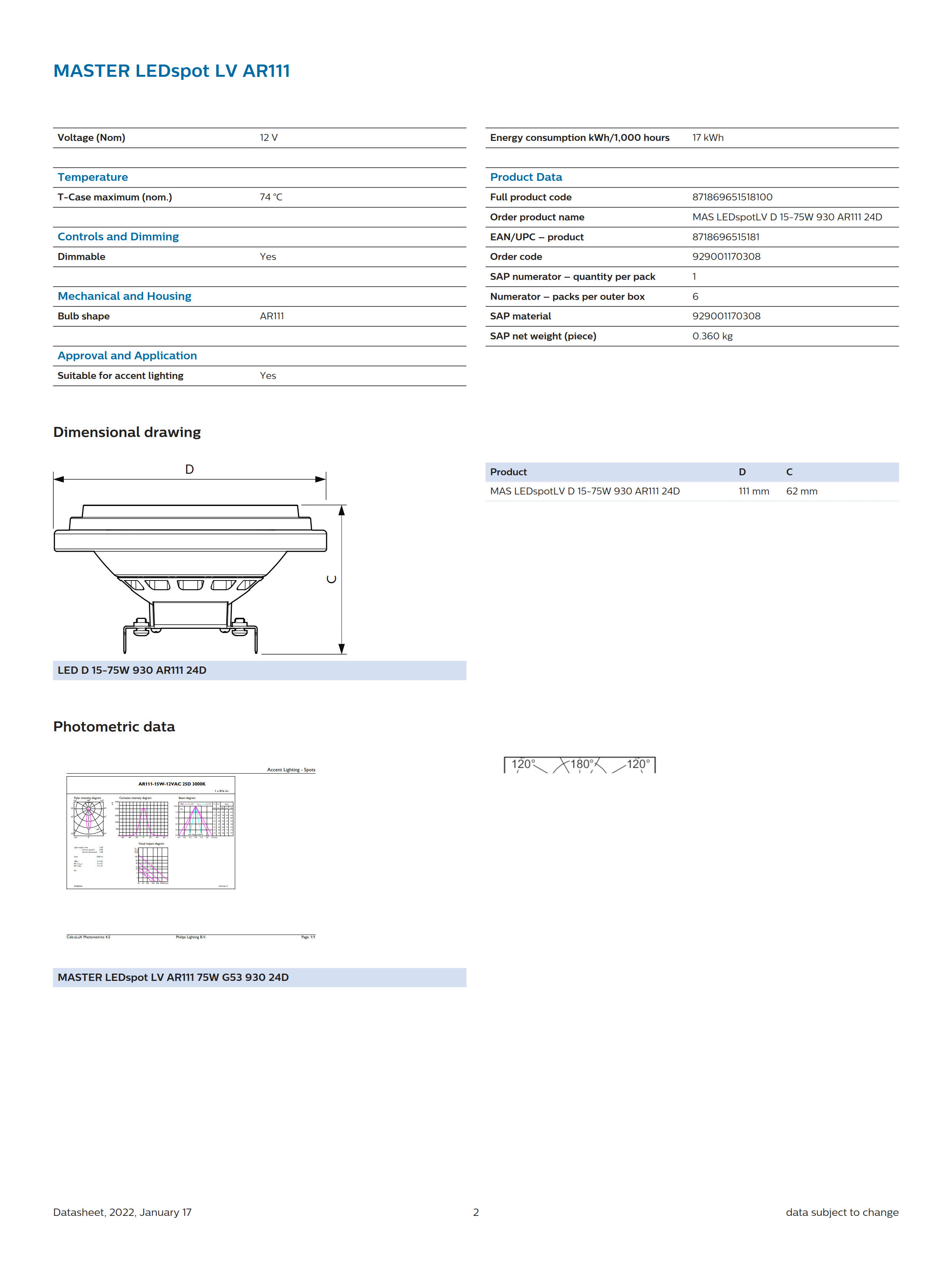 PHILIPS MAS LEDSpotLV D 15-75W 930 AR111 24D 929001170308