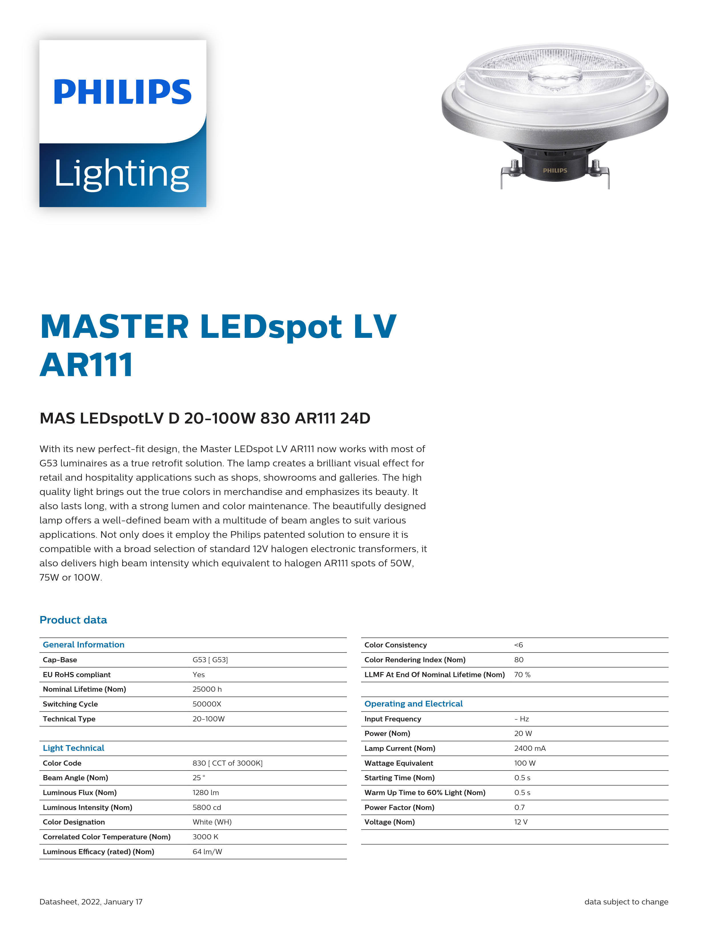 PHILIPS MAS LEDSpotLV D 20-100W 830 AR111 24D 929001170908