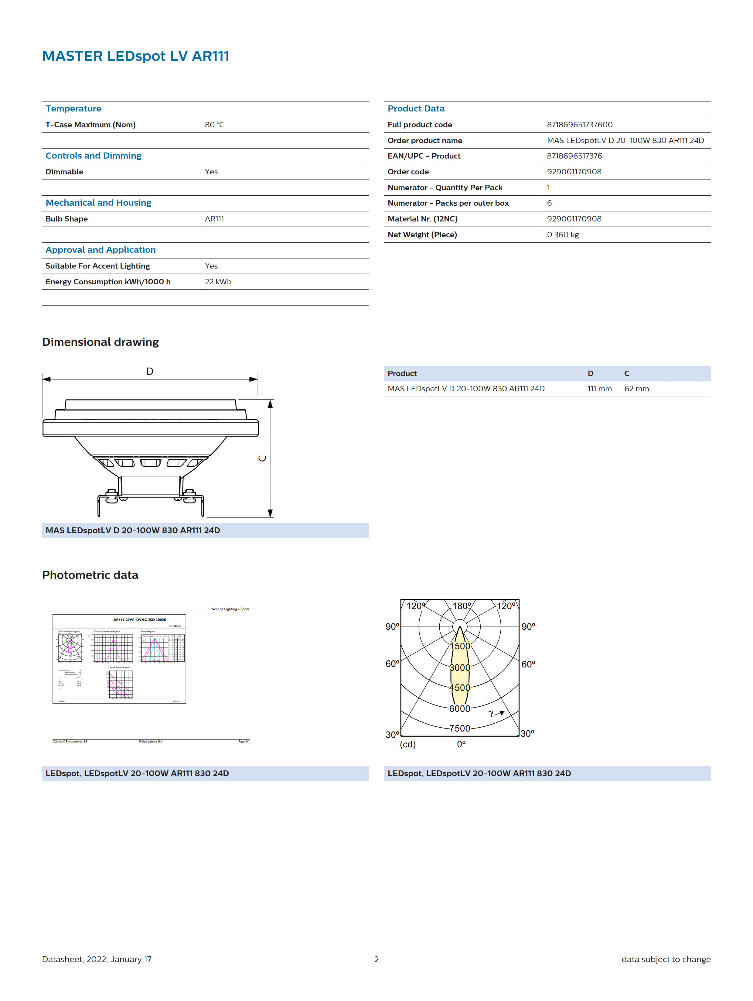 PHILIPS MAS LEDSpotLV D 20-100W 830 AR111 24D 929001170908