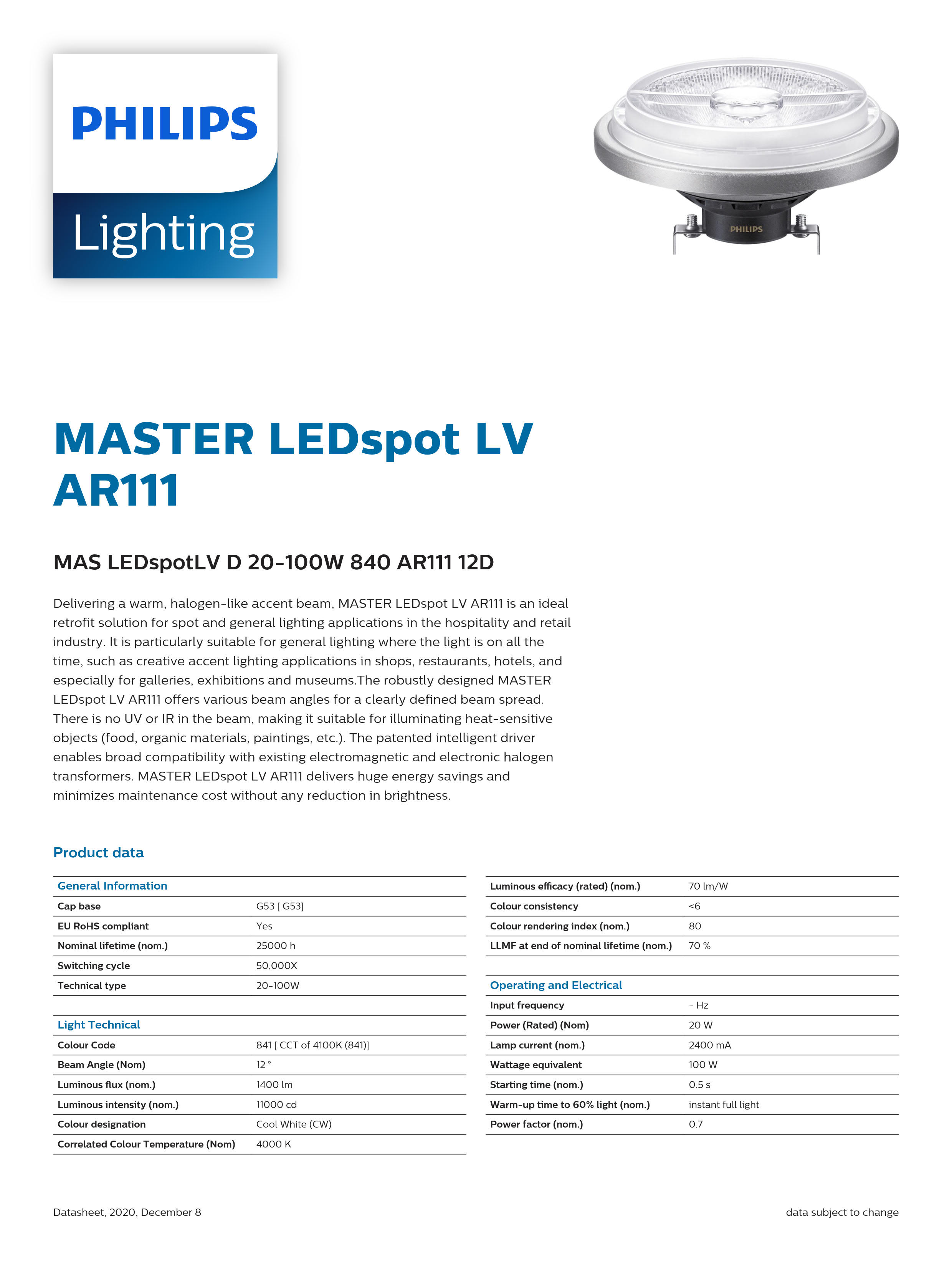 PHILIPS MAS LEDspotLV D 20-100W 840 AR111 12D 929001170708