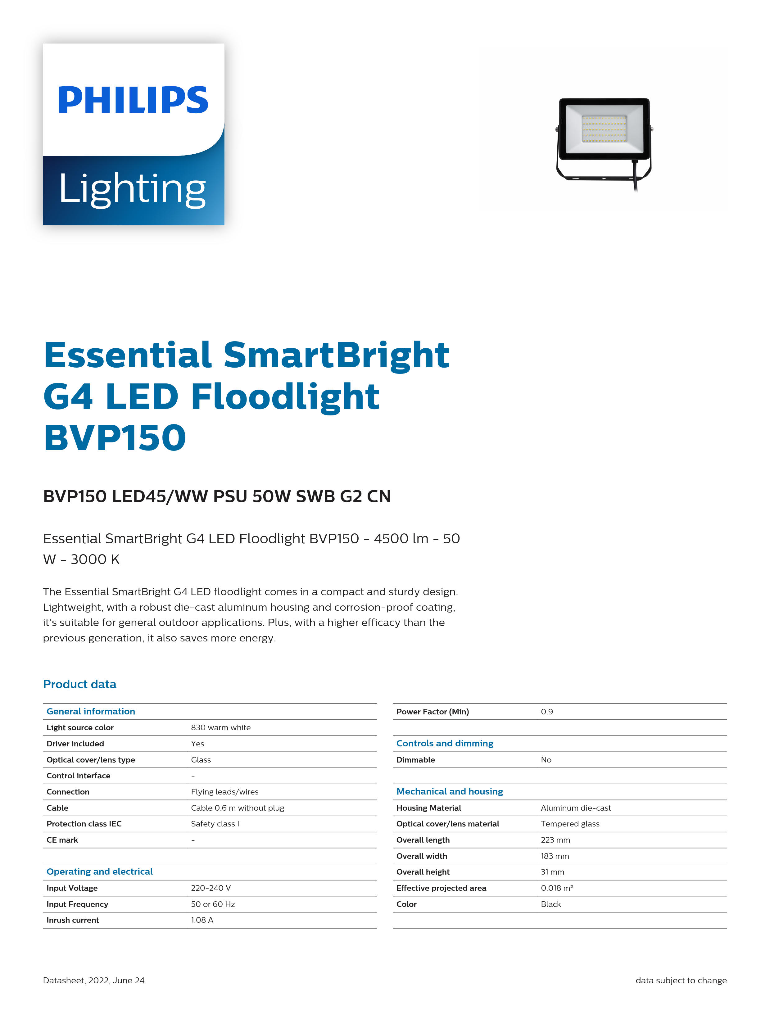 PHILIPS LED flood light PHILIPS BVP150 LED45/WW PSu 50W SwB G2 CN 911401814083