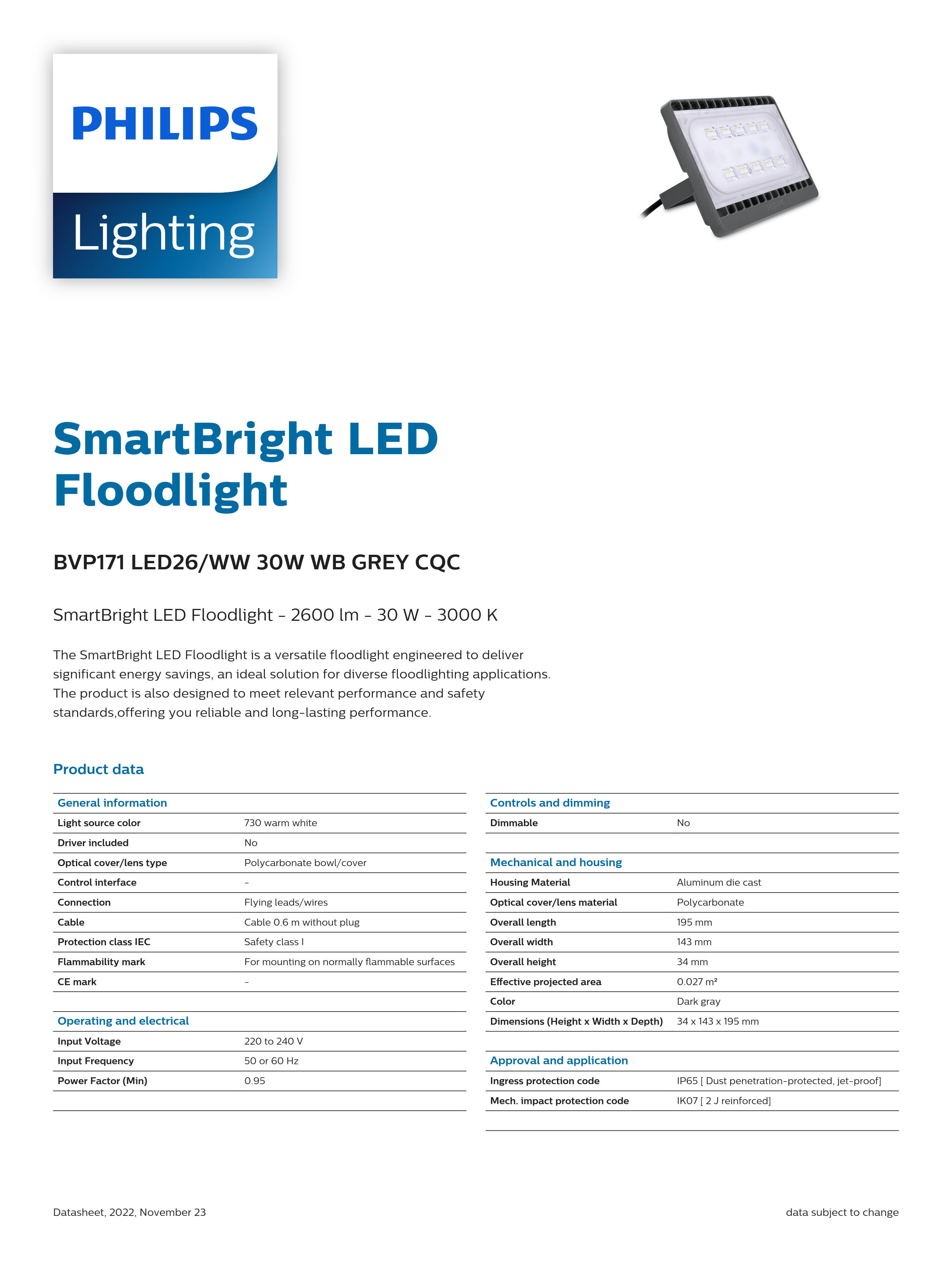 PHILIPS LED flood light BVP171 LED26/WW 30W WB GREY CQC 911401693707