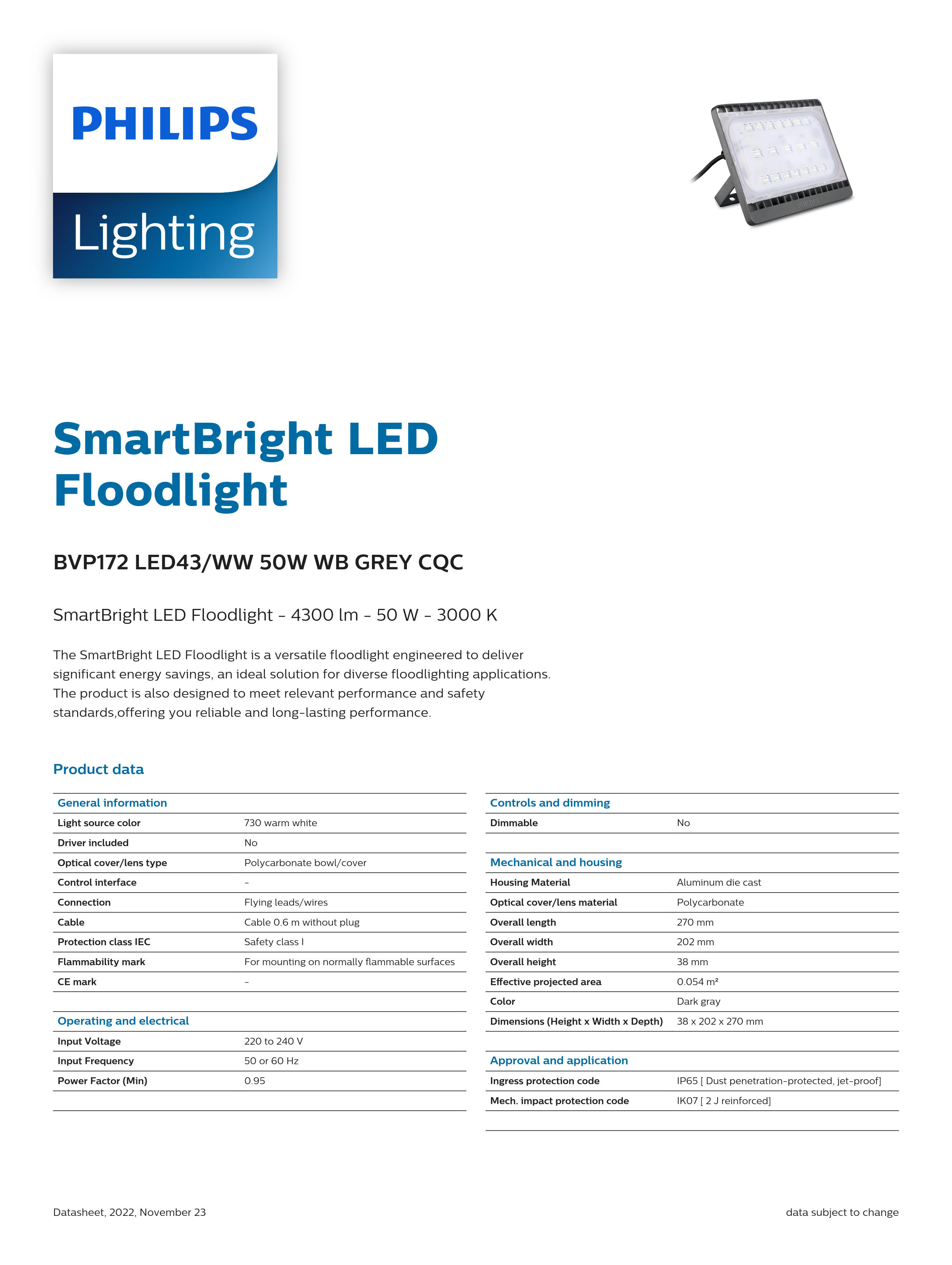 PHILIPS LED Flood light BVP172 LED43 WW 50W WB GREY CQC 911401692807