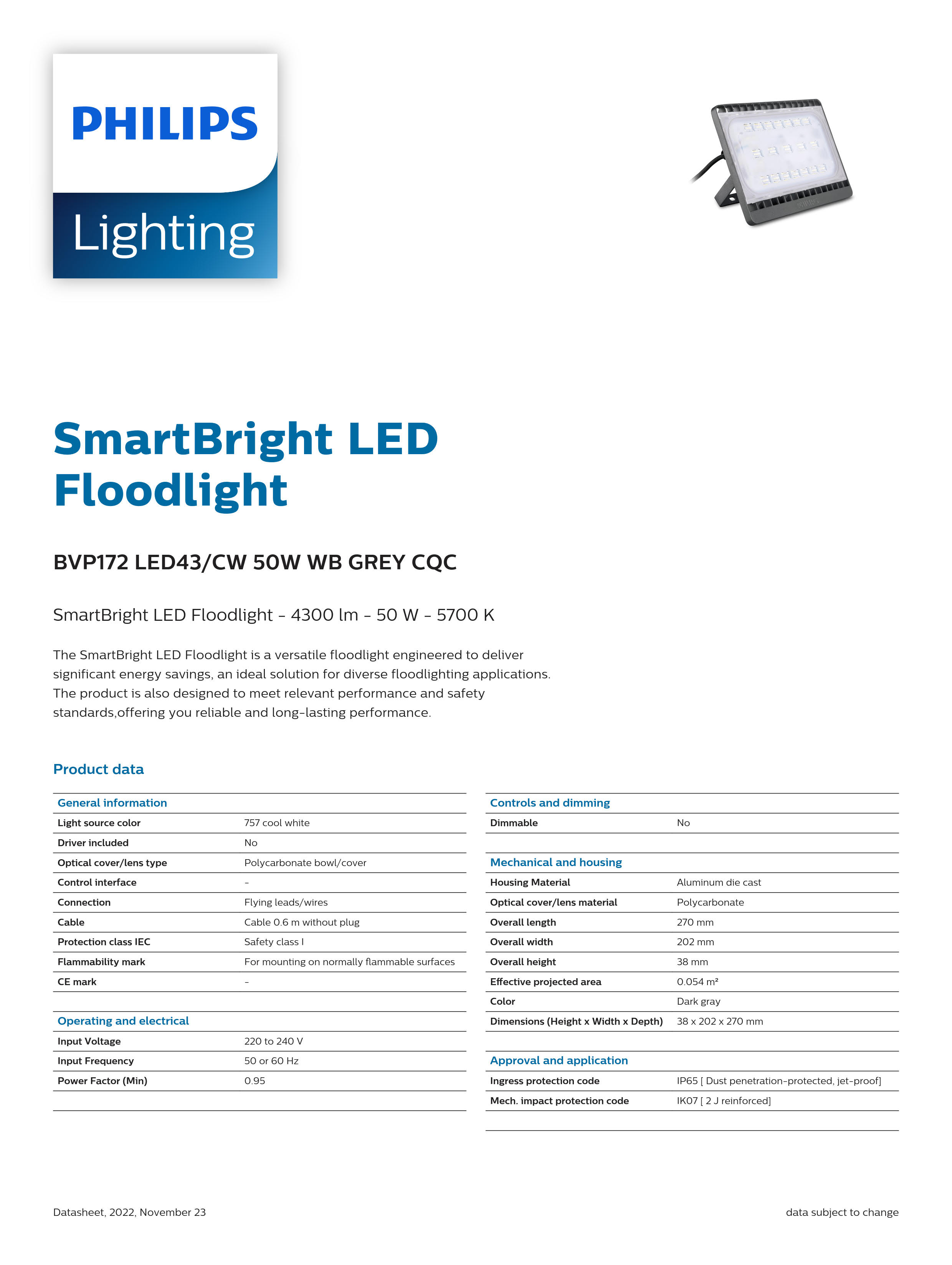 PHILIPS LED Flood light BVP172 LED43/CW 50W WB GREY CQC 911401693407