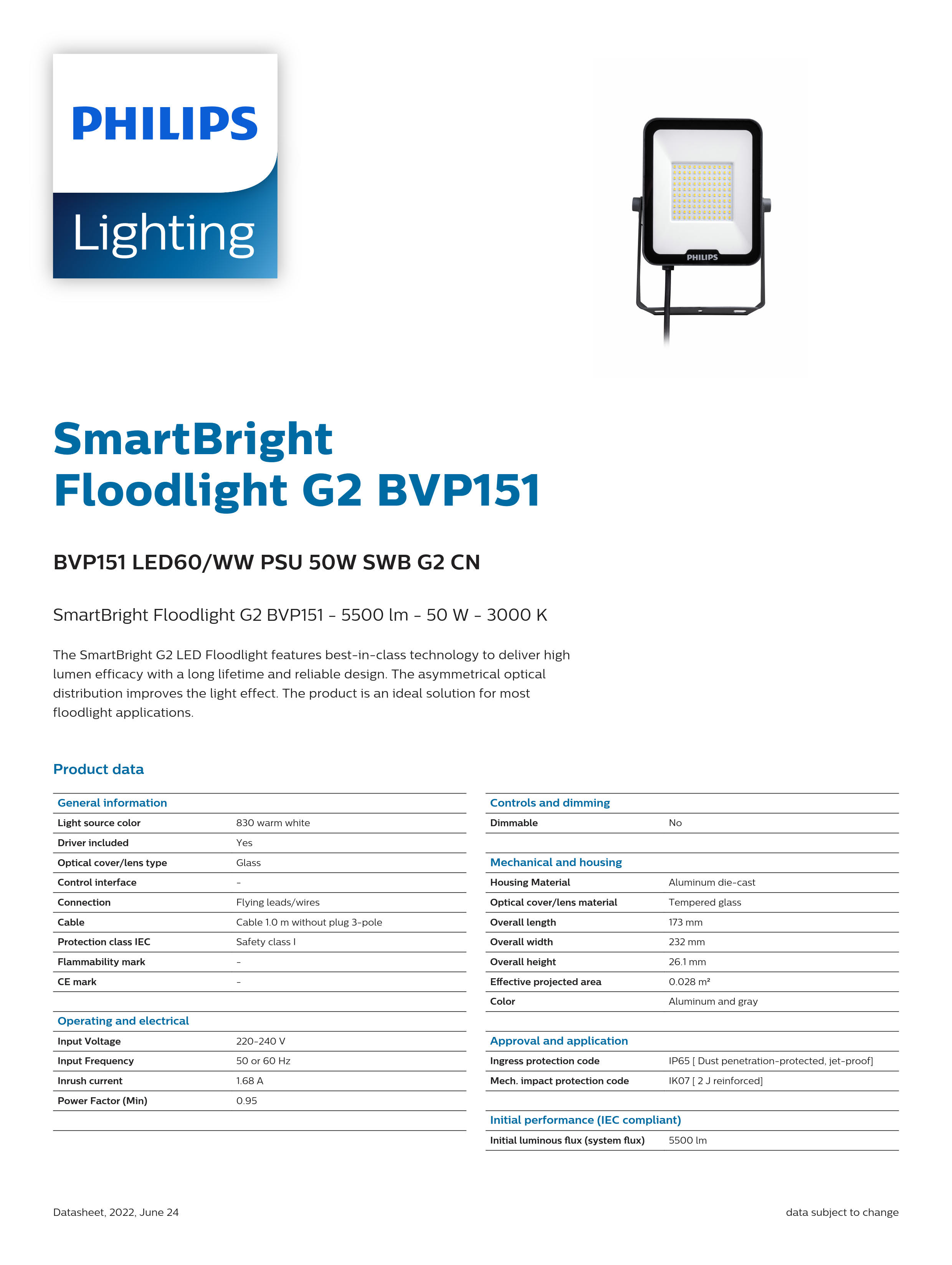 PHILIPS LED Floodlight BVP151 LED60WW PSU 50W SWB G2 CN 911401844083