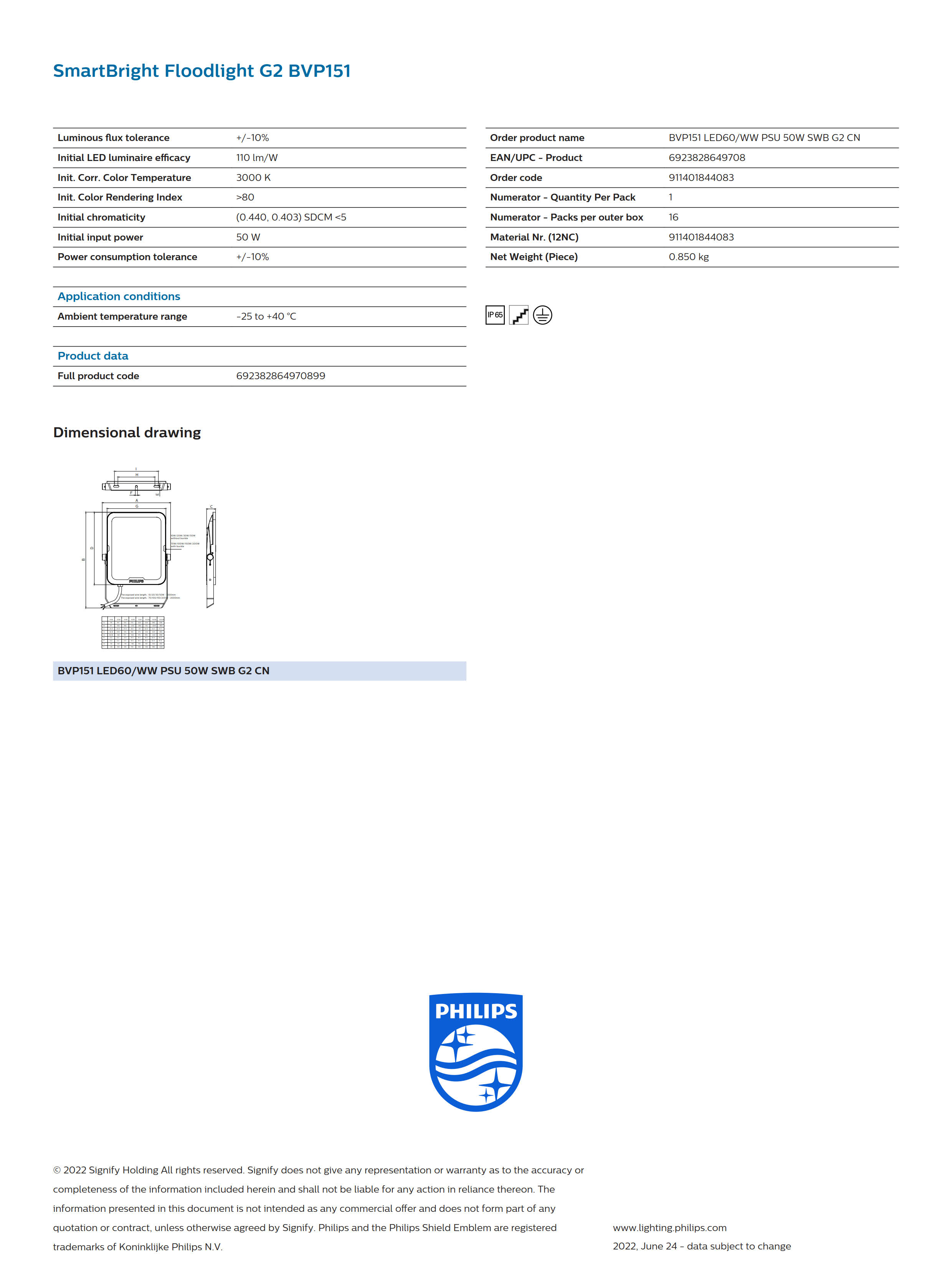 PHILIPS LED Floodlight BVP151 LED60WW PSU 50W SWB G2 CN 911401844083