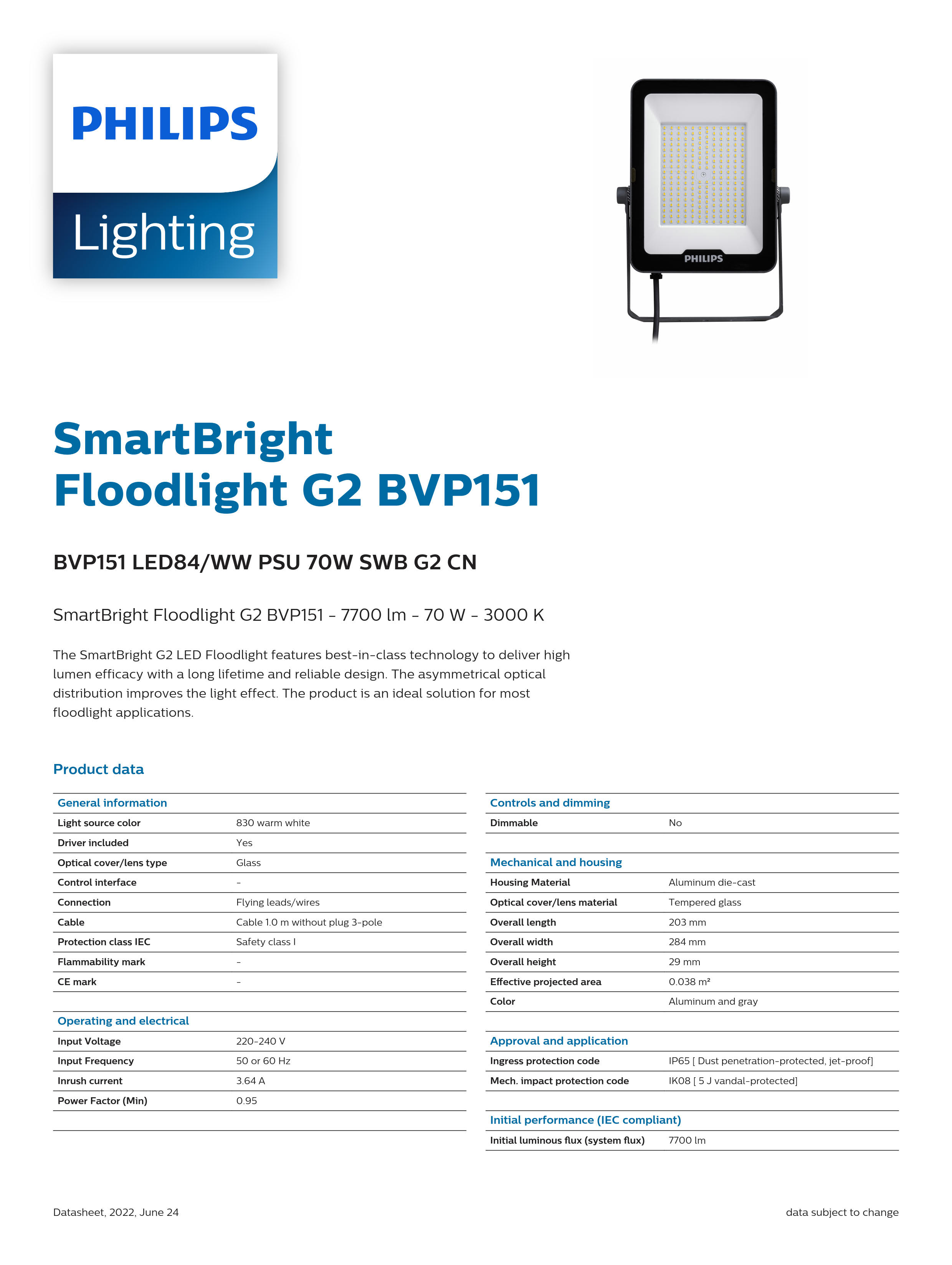 PHILIPS LED Flood light BVP151 LED84/WW PSU 70W SWB G2 CN 911401845083