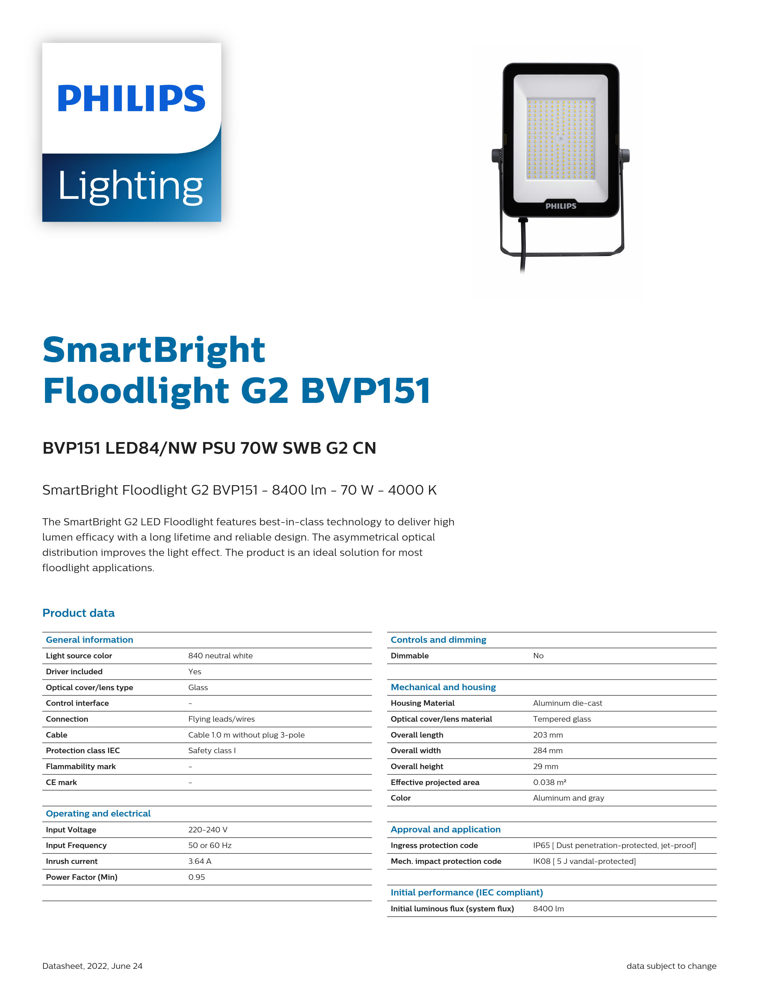 PHILIPS LED Floodl ight BVP151 LED84/NW PSU 70W SWB G2 CN 911401855083