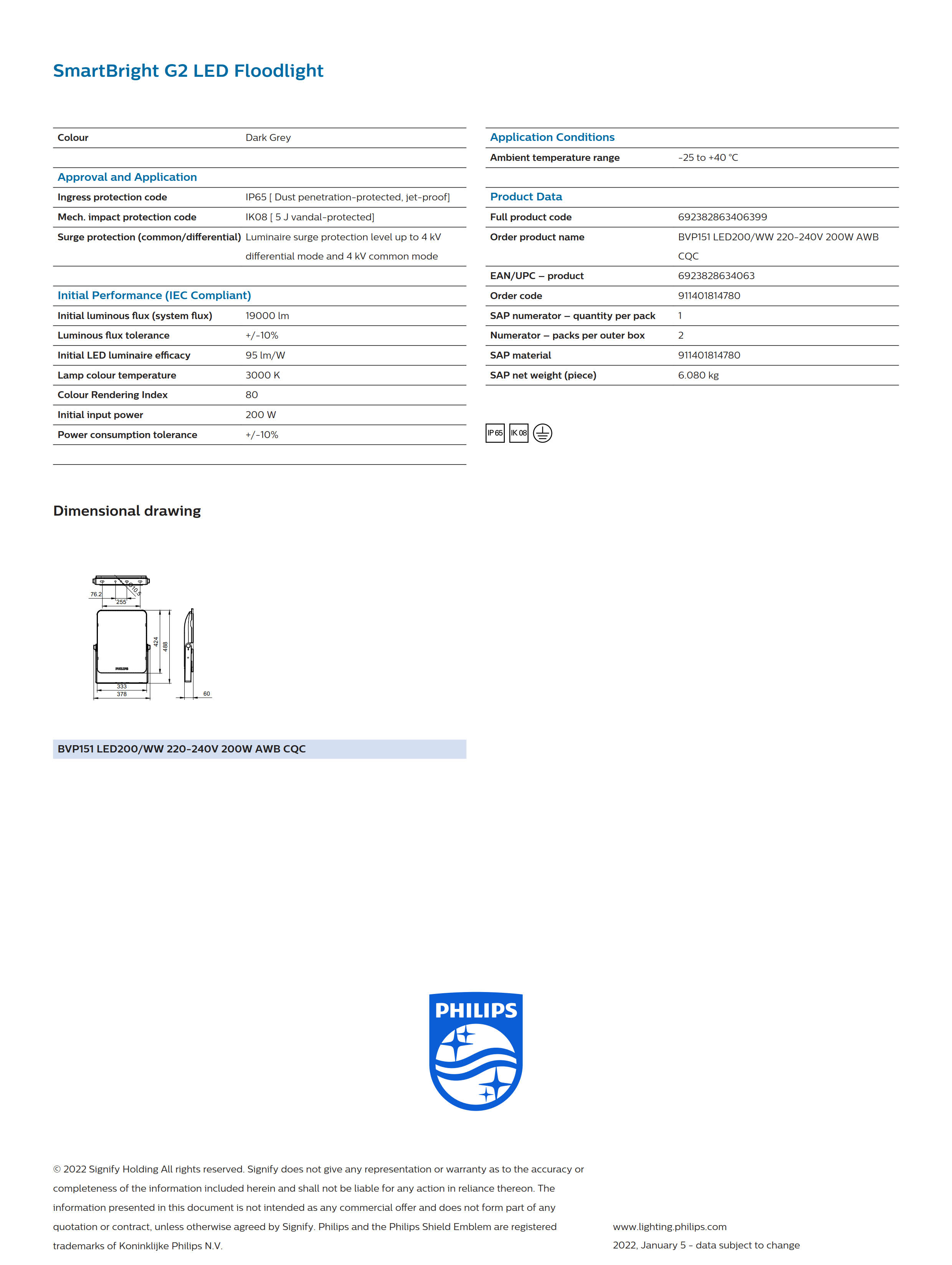 PHILIPS LED Floodlight BVP151 LED200/WW 220-240V 200W AWB CQC 911401814780