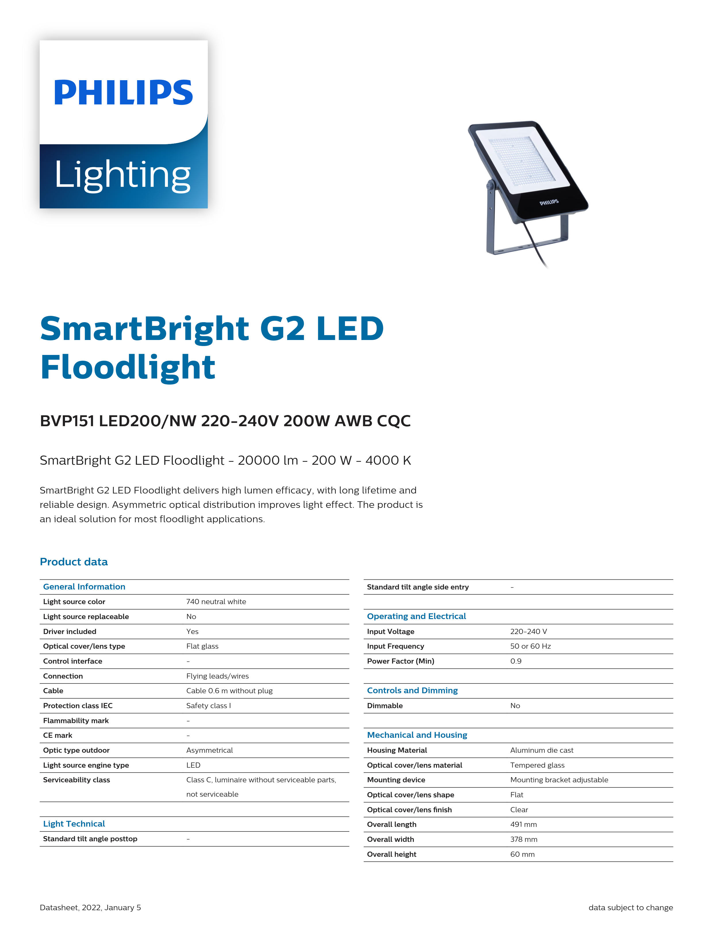 PHILIPS LED Floodlight BVP151 LED200/NW 220-240V 200W AWB cQC 911401814880