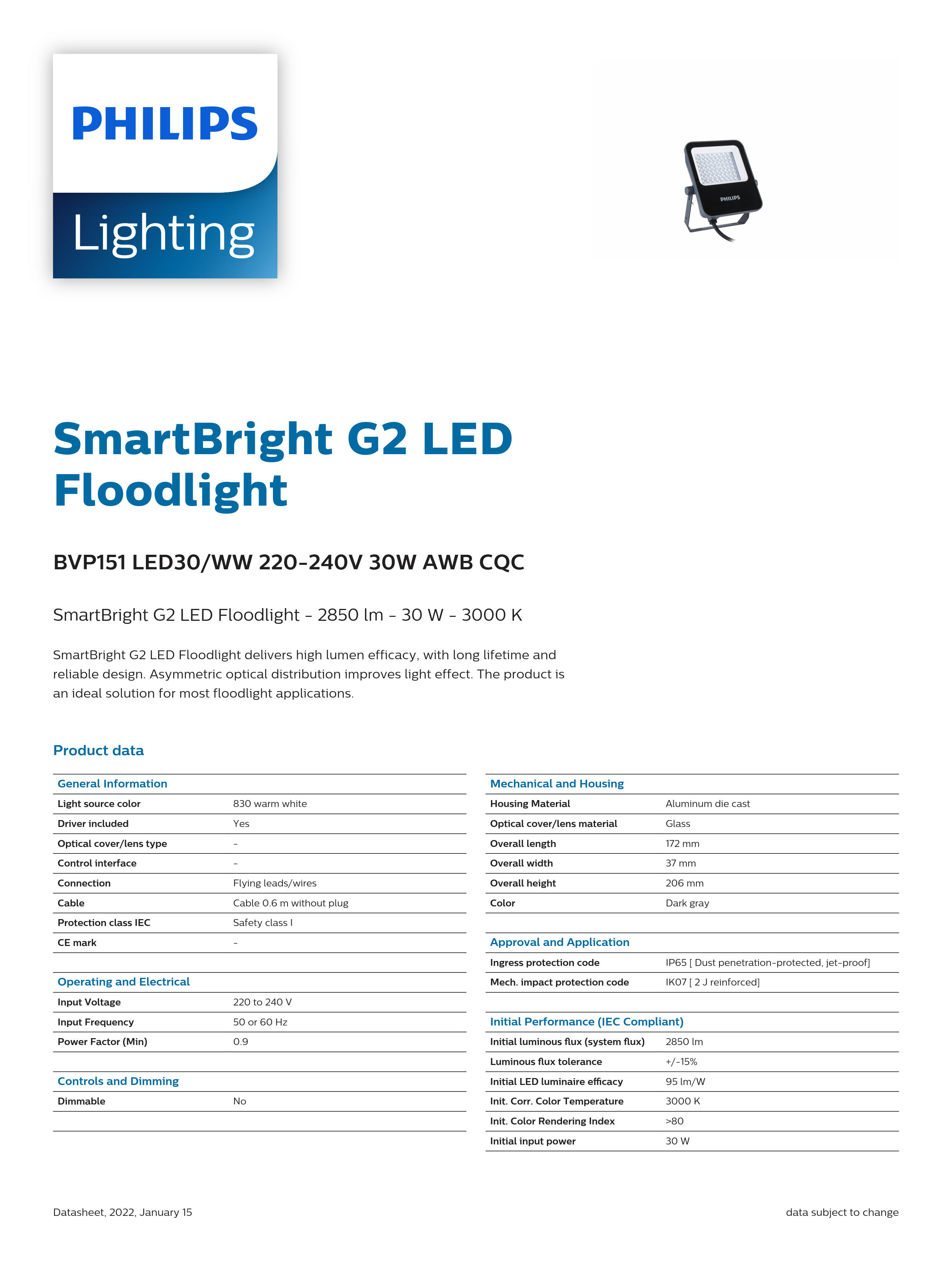 PHILIPS LED Flood light BVP151 LED30/ww 220-240V 30W AWB CQC 911401813280