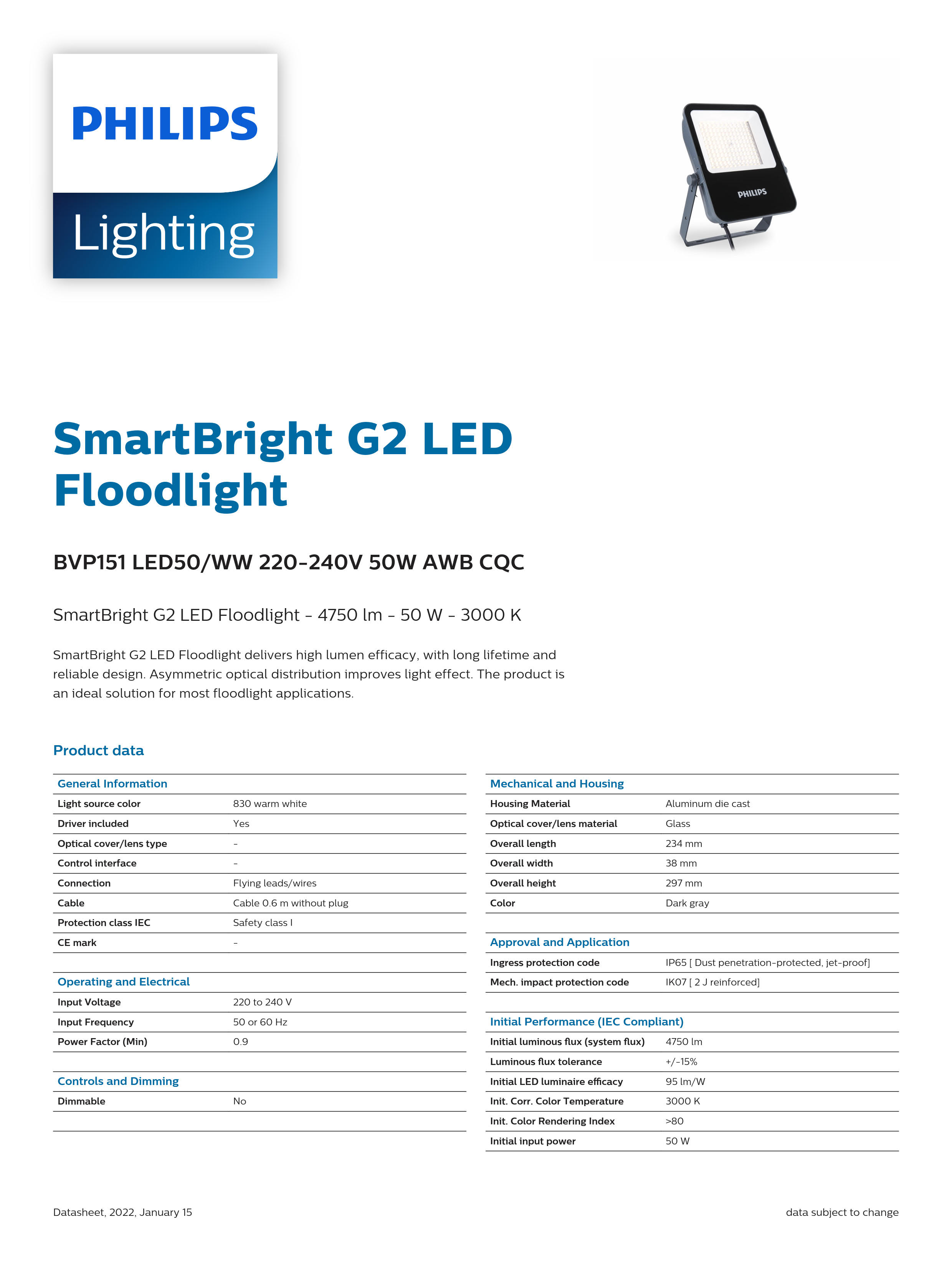 PHILIPS LED Flood light BVP151 LED50/WW 220-240V 50W AWB cQC 911401813580