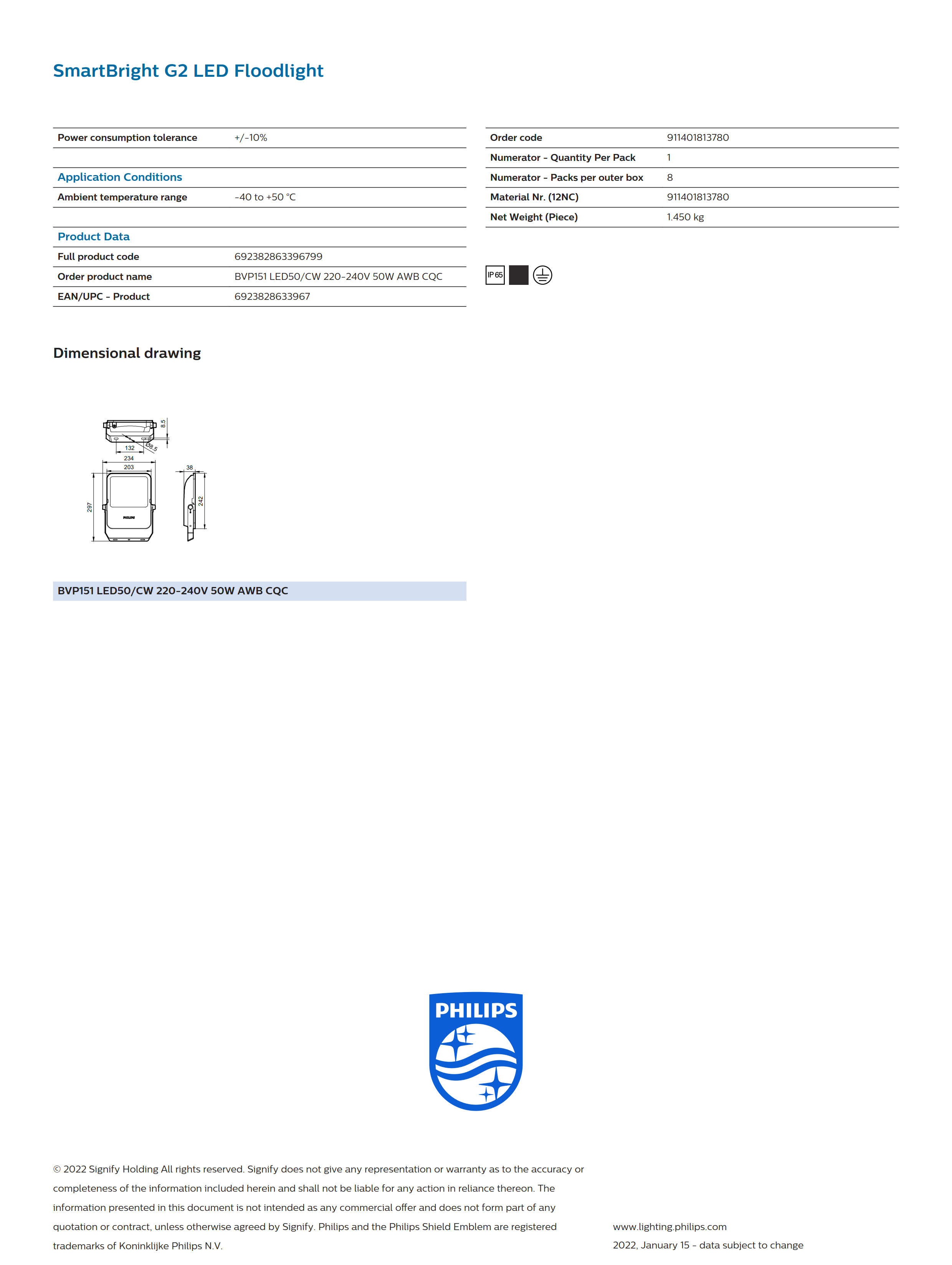 PHILIPS LED Floodl ight BVP151 LED50/CW 220-240V 50W AWB CQC 911401813780