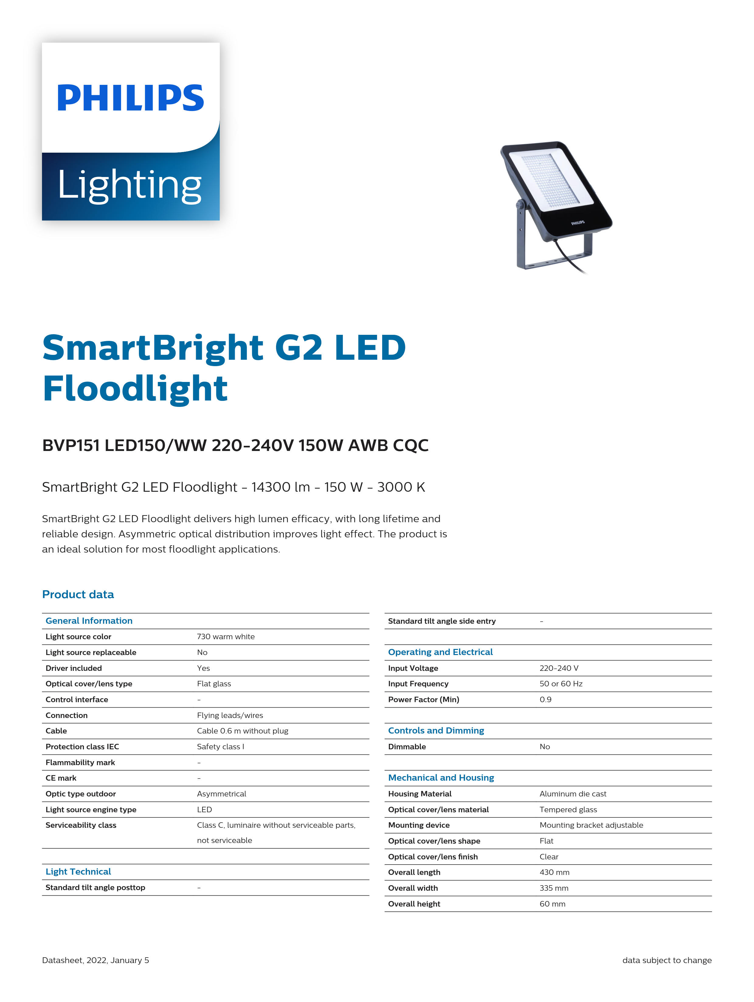 PHILIPS LED Flood light BVP151 LED150/WW 220-240V 150W AWB cQC 911401814480