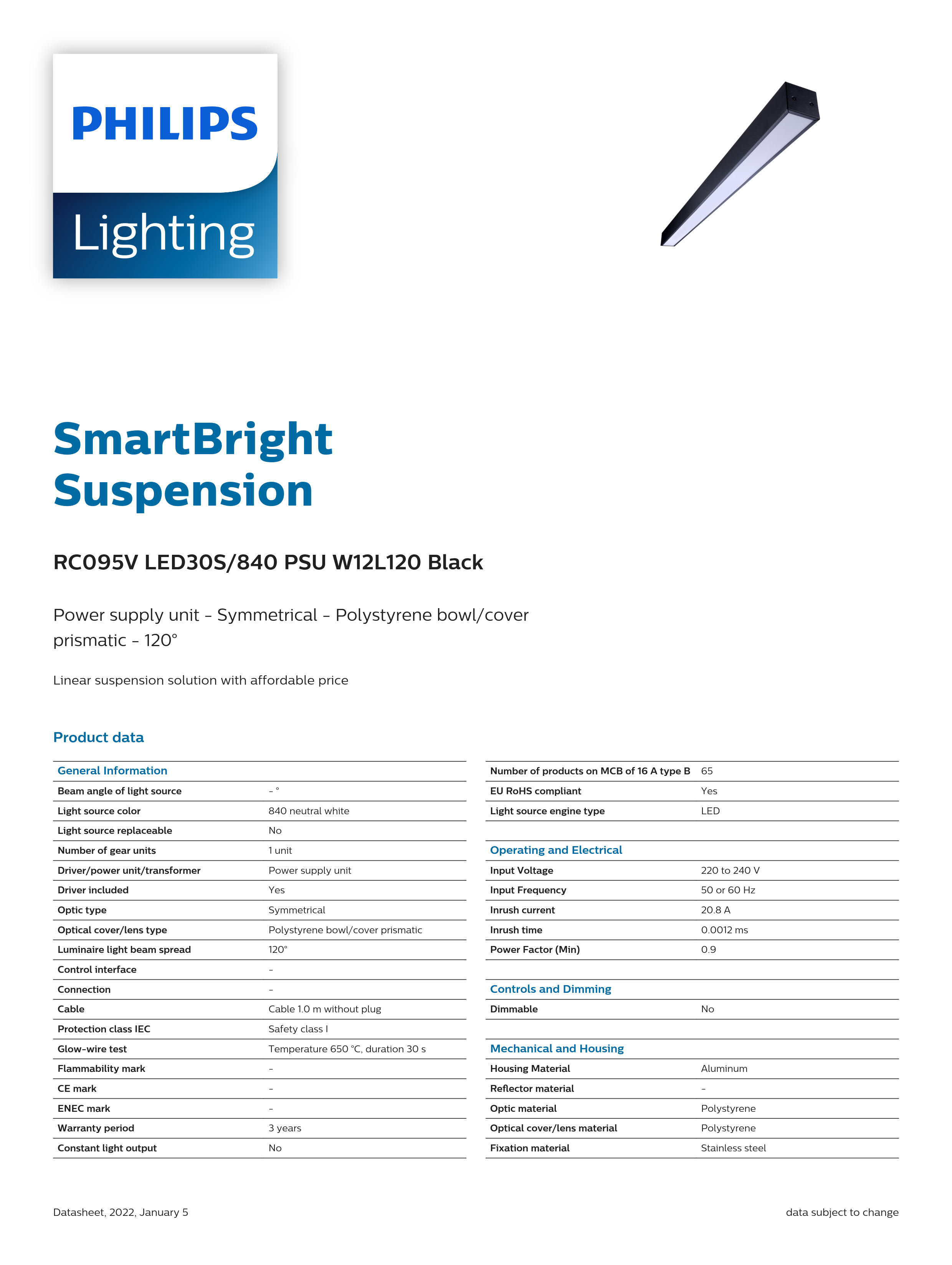 PHILIPS LED Linear Light Suspension RC095V LED30S/840 PSU W12L120 Black 911401723452