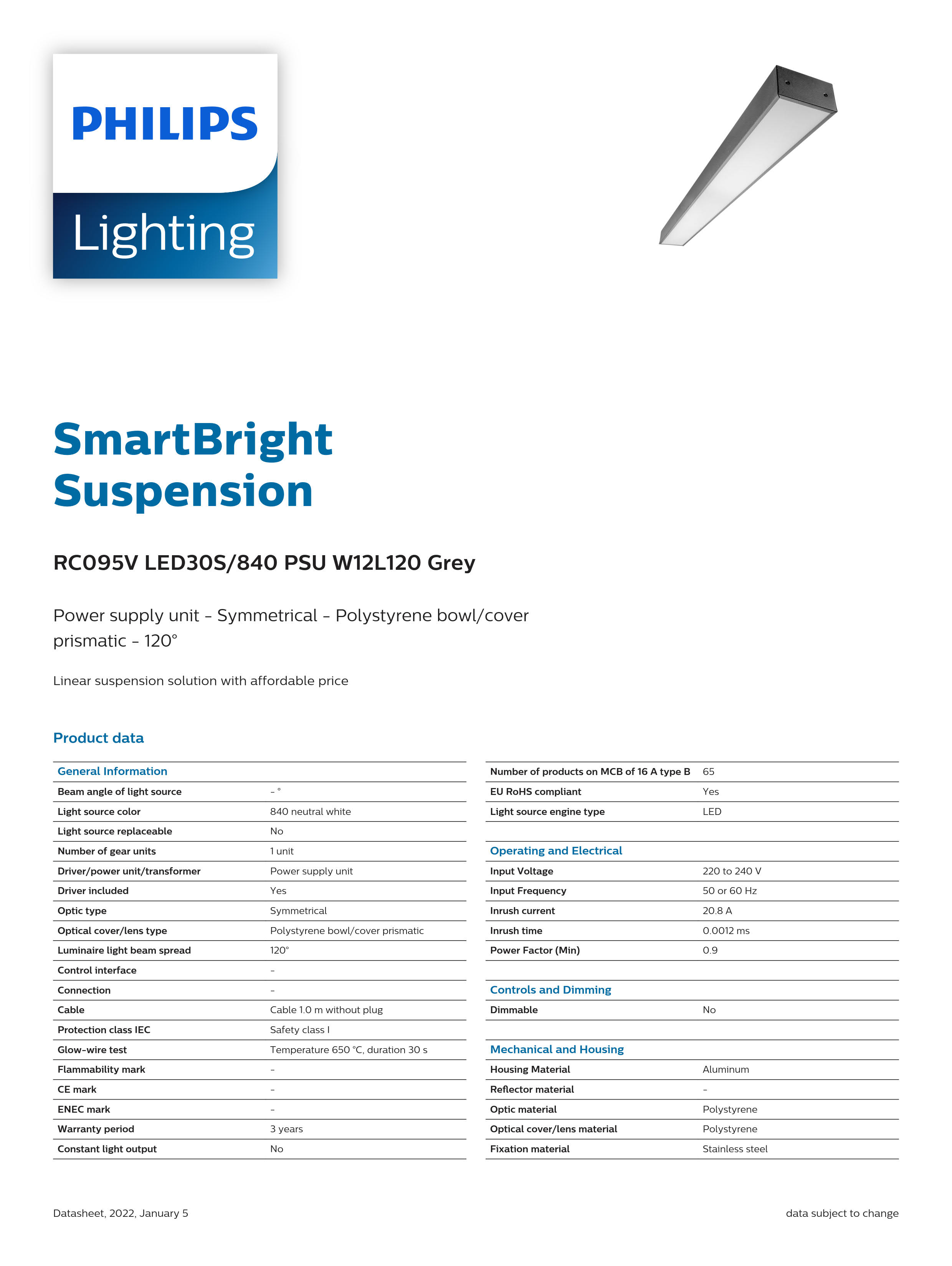 PHILIPS LED Linear Light Suspension RC095V LED30S/840 PSU W12L120 Grey 911401723462