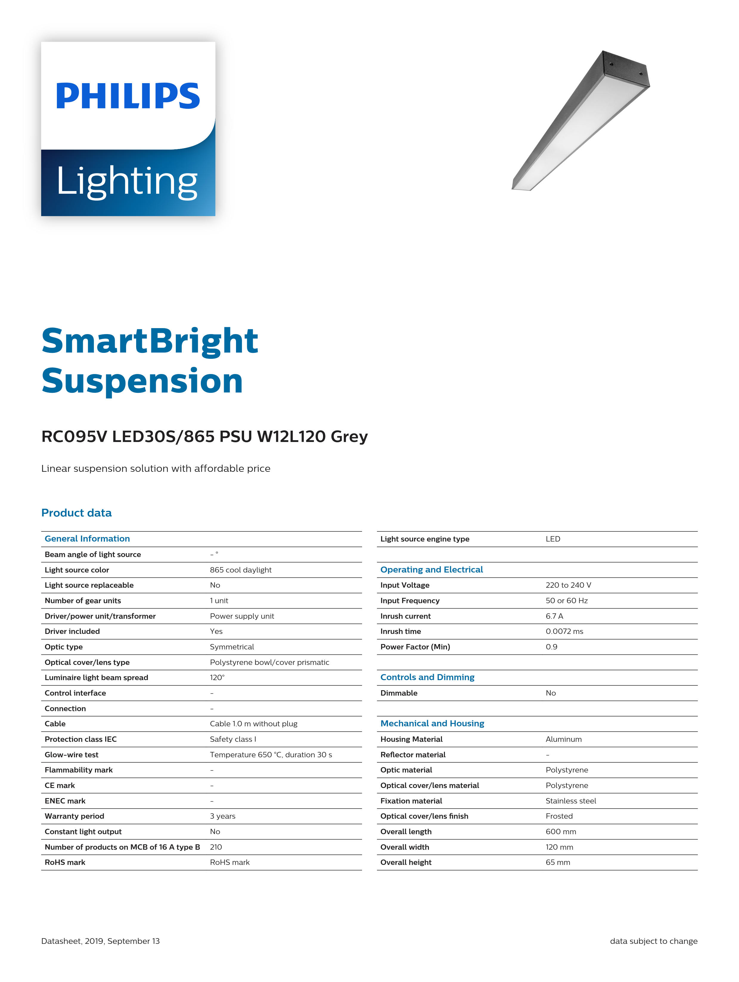 PHILIPS LED Linear Light Suspension RC095V LED30S/865 PSU W12L120Grey 911401723482