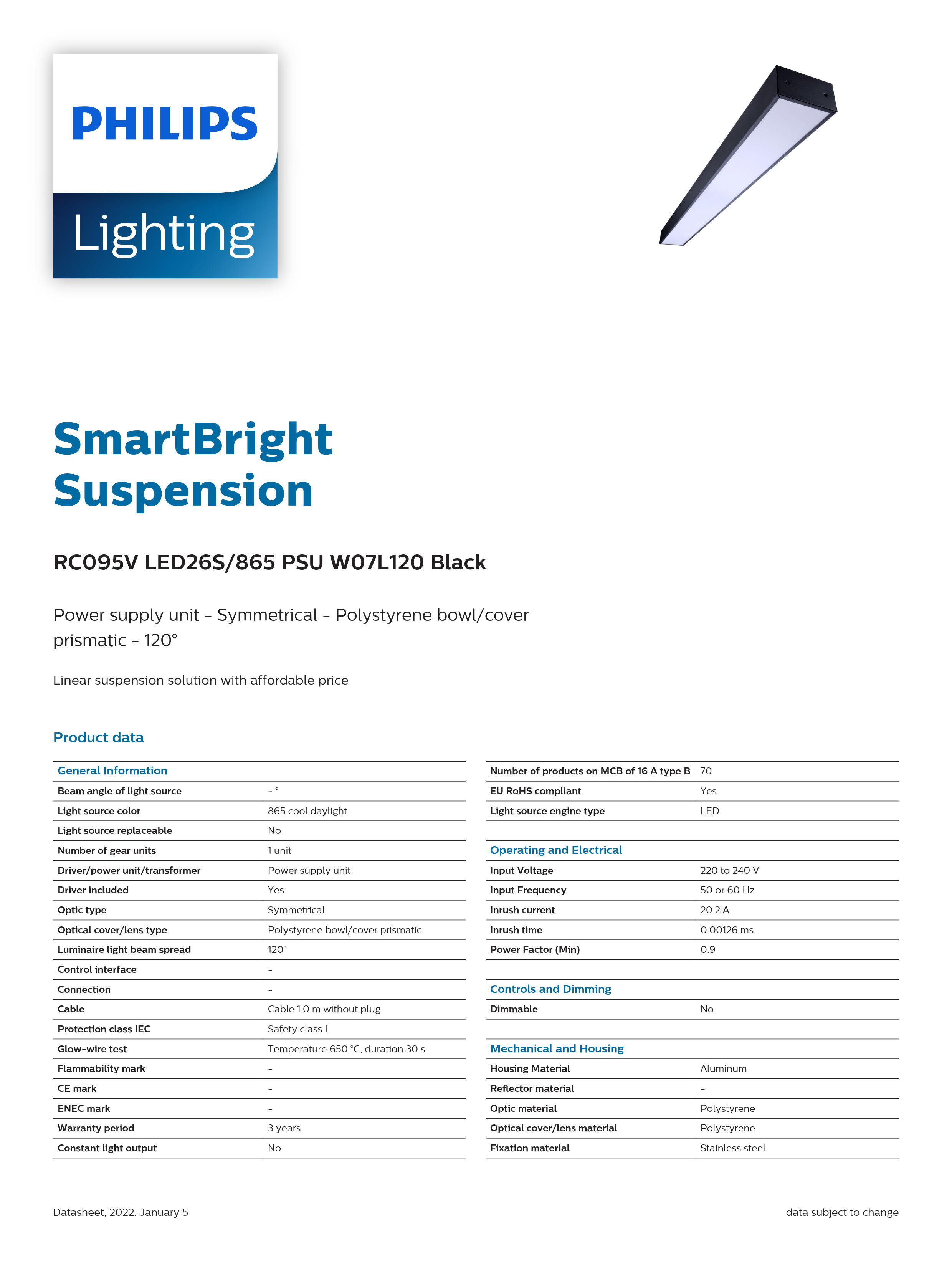 PHILIPS LED Linear Light Suspension RC095V LED26S/865 PSU W07L120 Black 911401723552