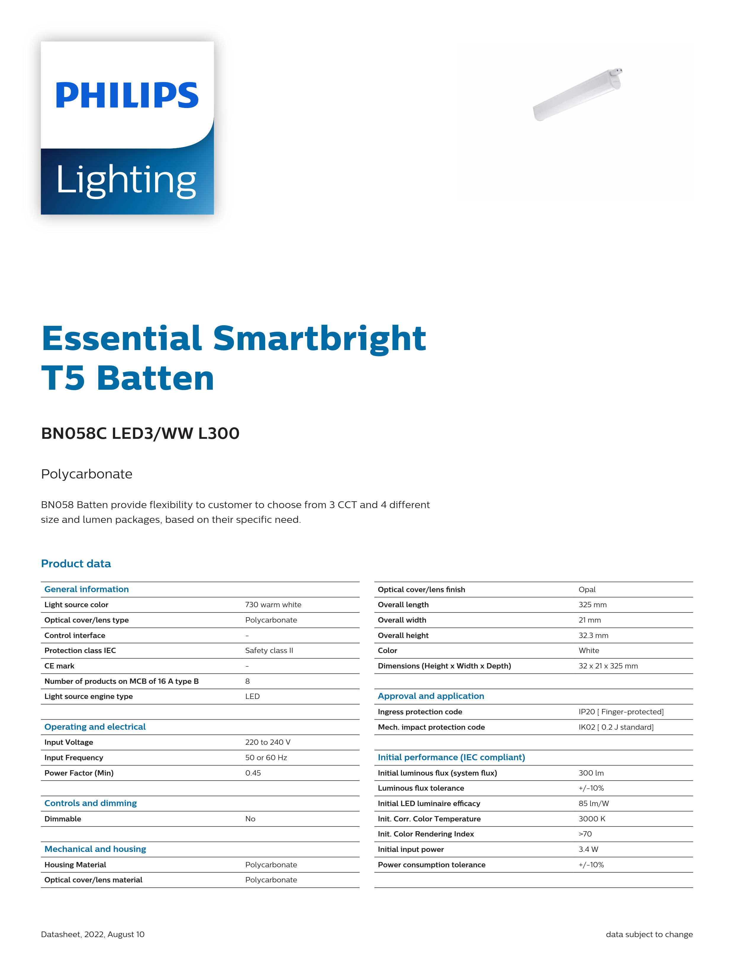 PHILIPS T5 Batten Light BN058C LED3/WW L300 911401709222