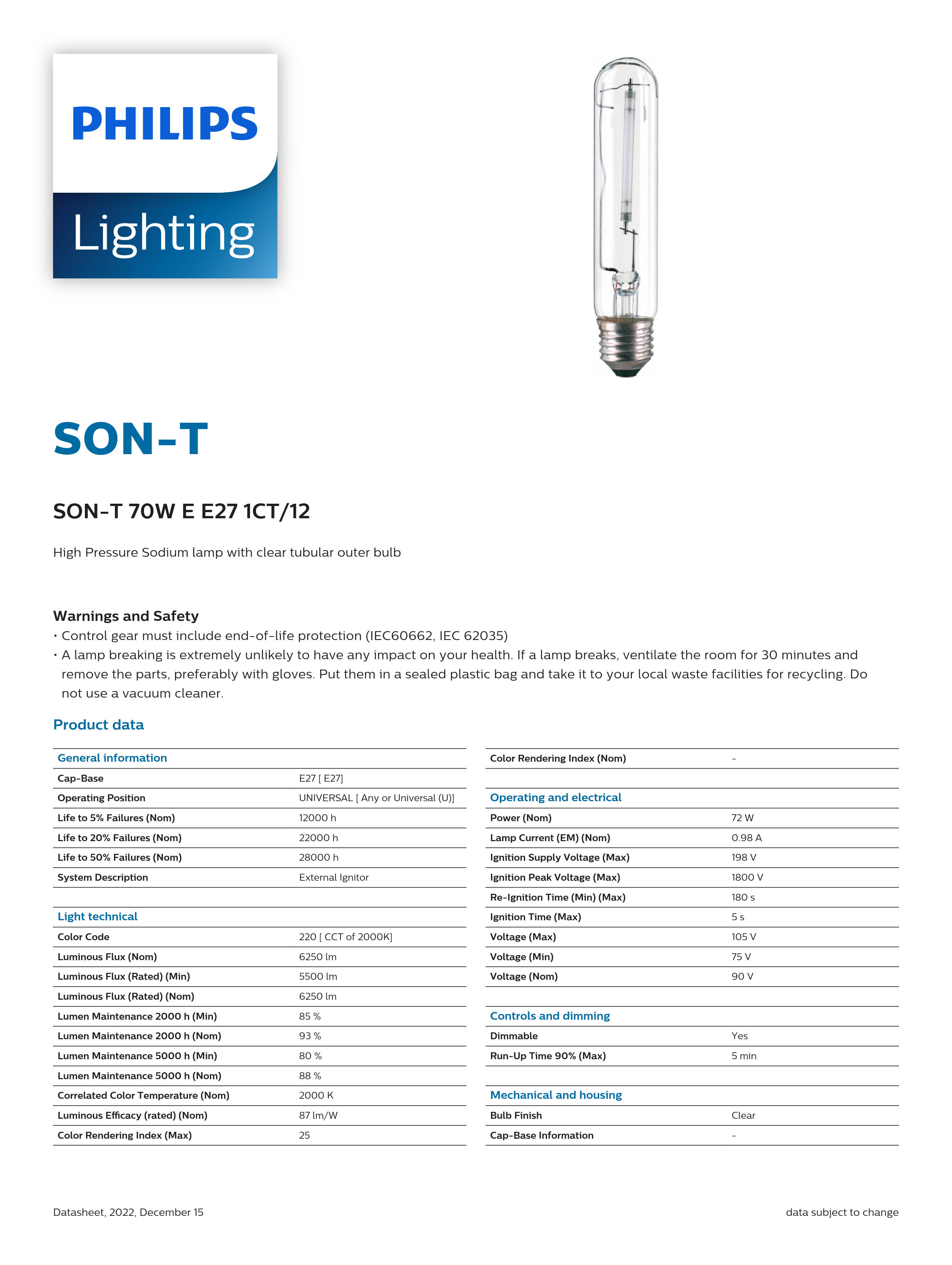 PHILIPS Sodium lamp SON-T 70W E E27 1CT/12 928494609291