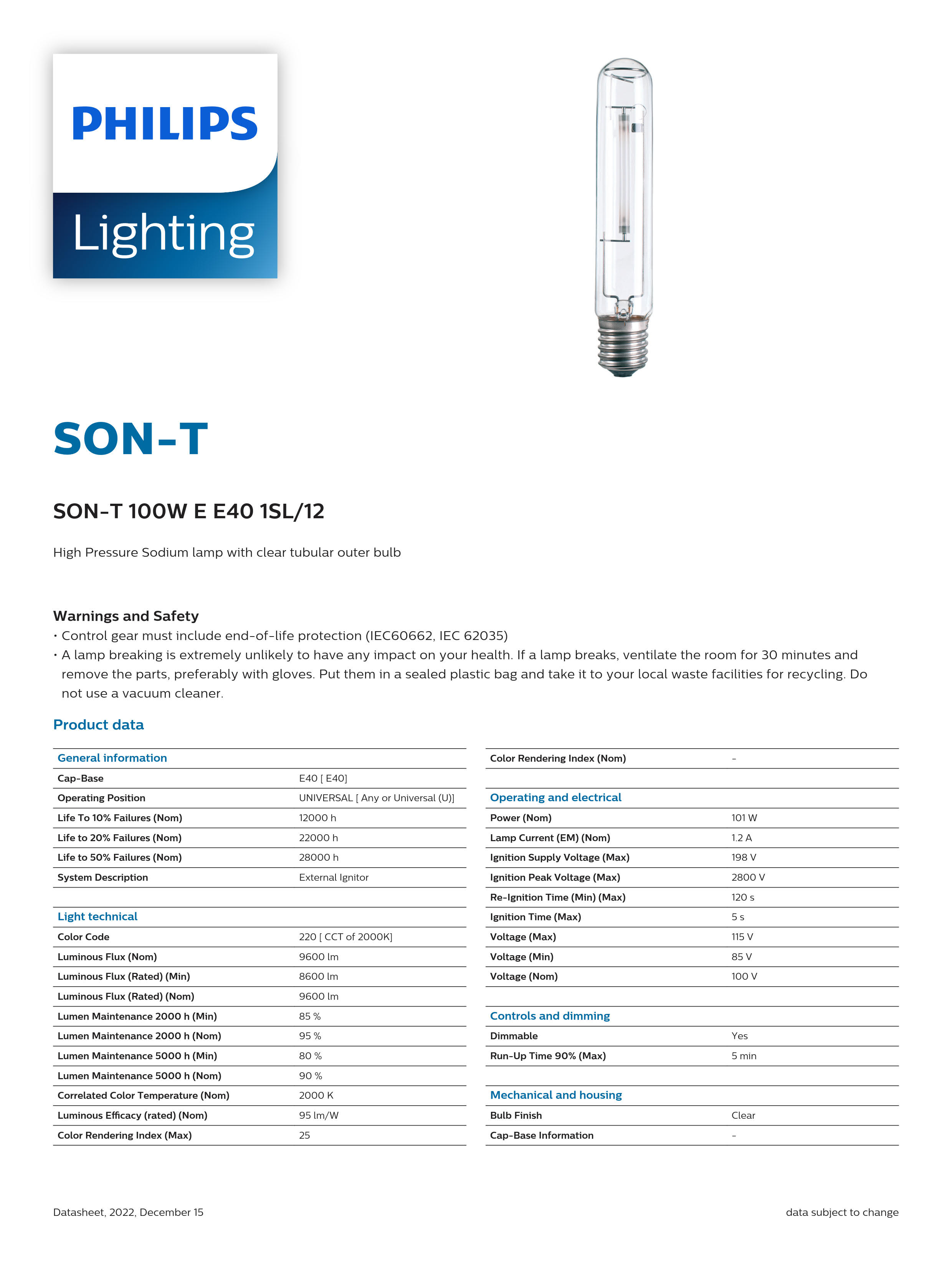 PHILIPS Sodium lamp SON-T 100W E E40 1SL/12 928494709291