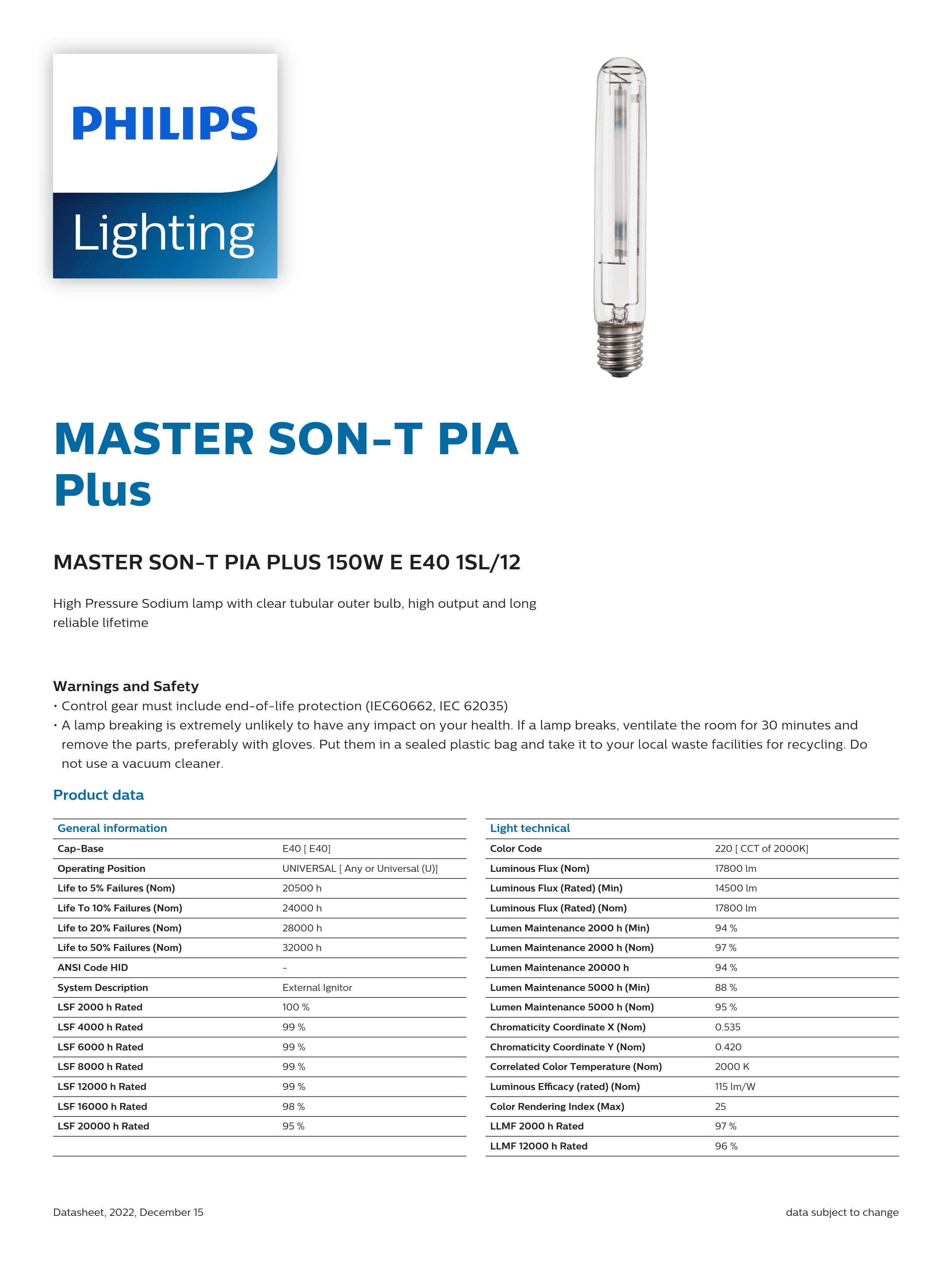 PHILIPS Sodium lamp MASTER SON-T PIA PLUS 150W E E40 1SL/12 928483400093