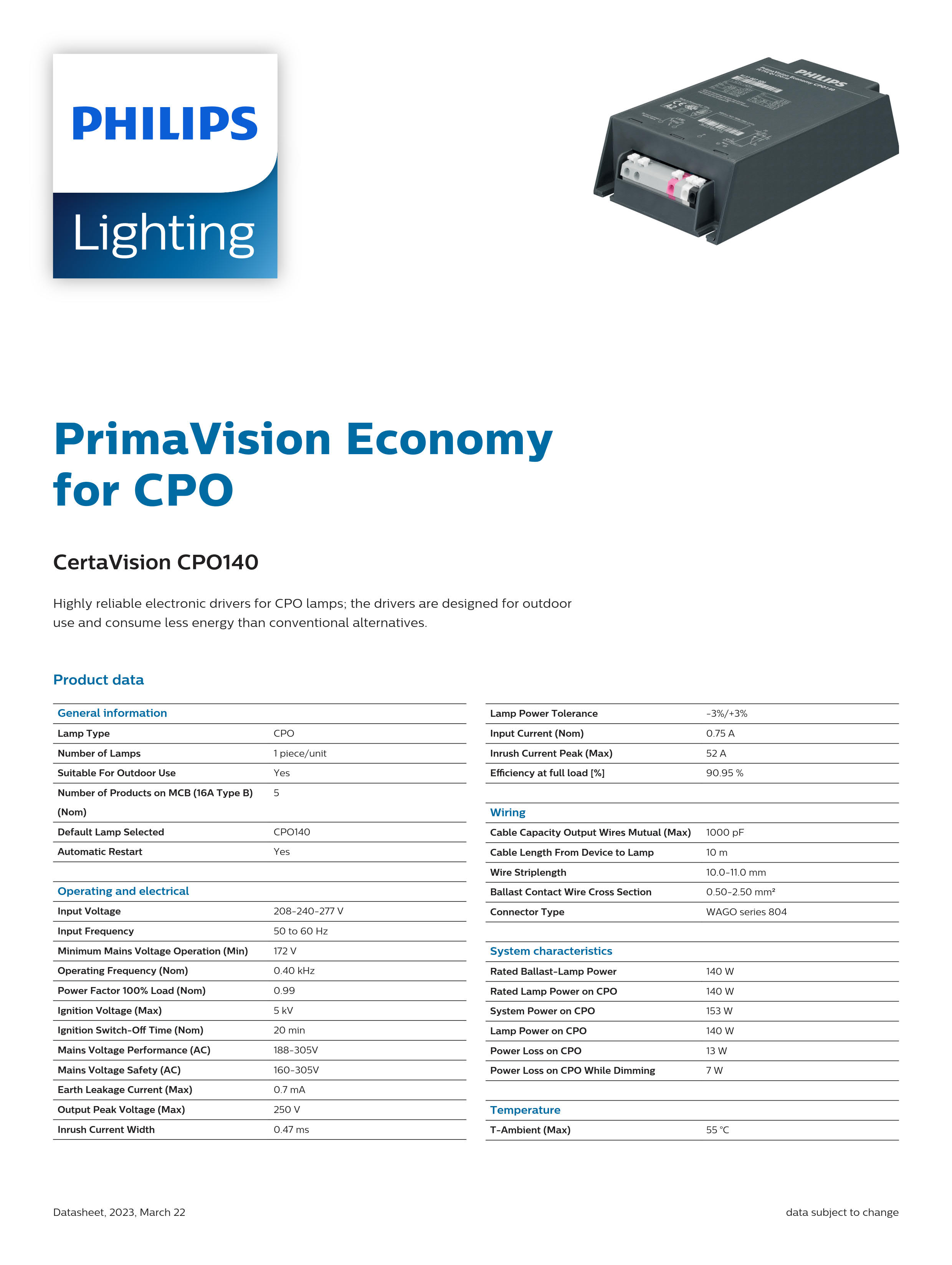 PHILIPS Metal Halide Lamp ballast HID-CV 140 CPO Q 208-277V 913700760070