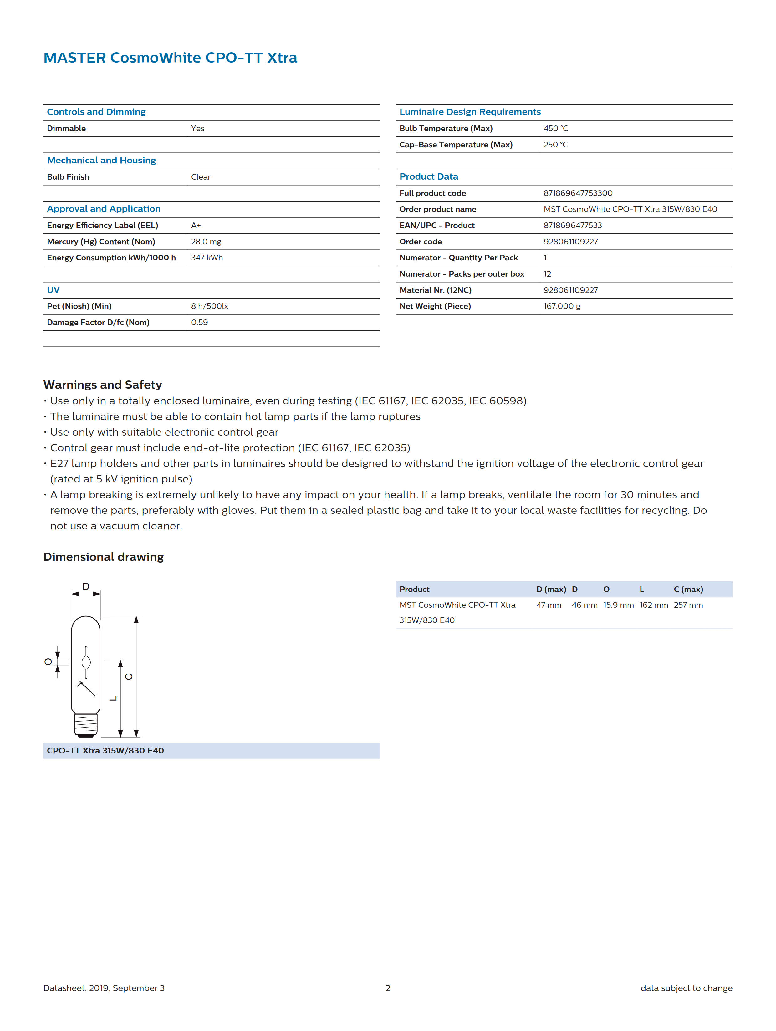 PHILIPS MST CosmoWhite CPO-TT Xtra 315W/830 E40 928061109227